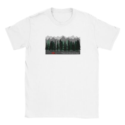 Wild camp t-shirt design with tent, campfire and mountains