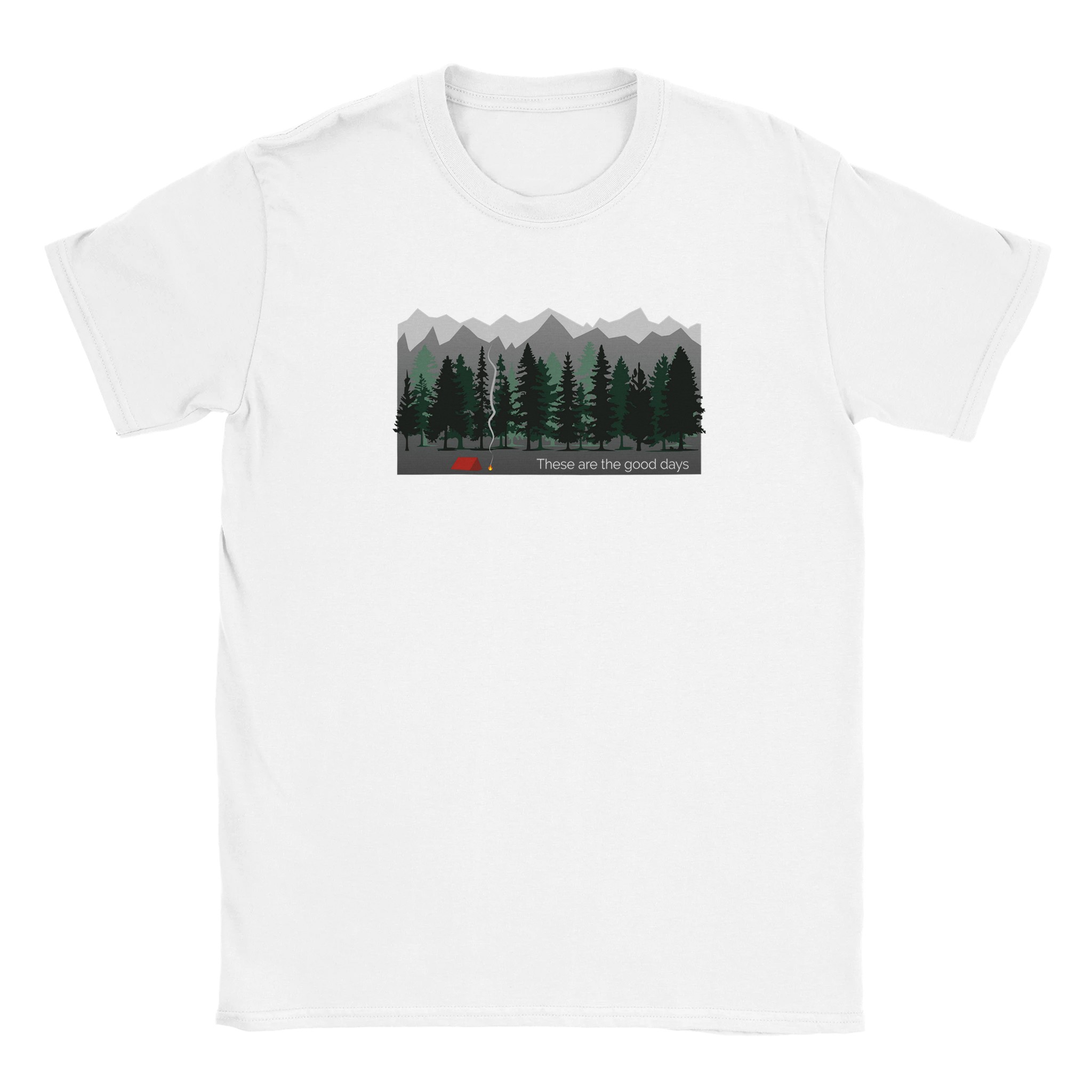 Wild camp t-shirt design with tent, campfire and mountains