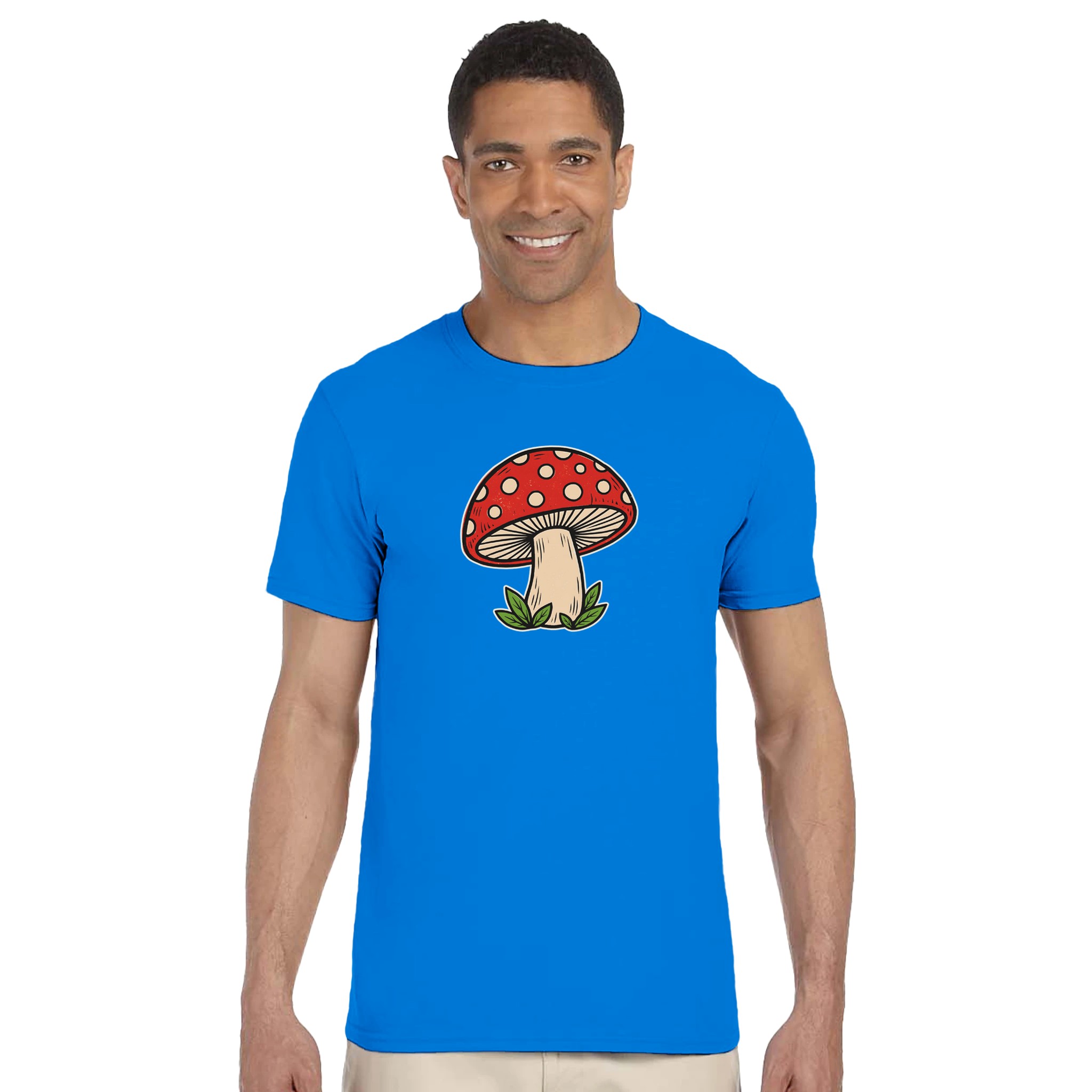 Toadstool t-shirt – woodcut red and cream toadstool design