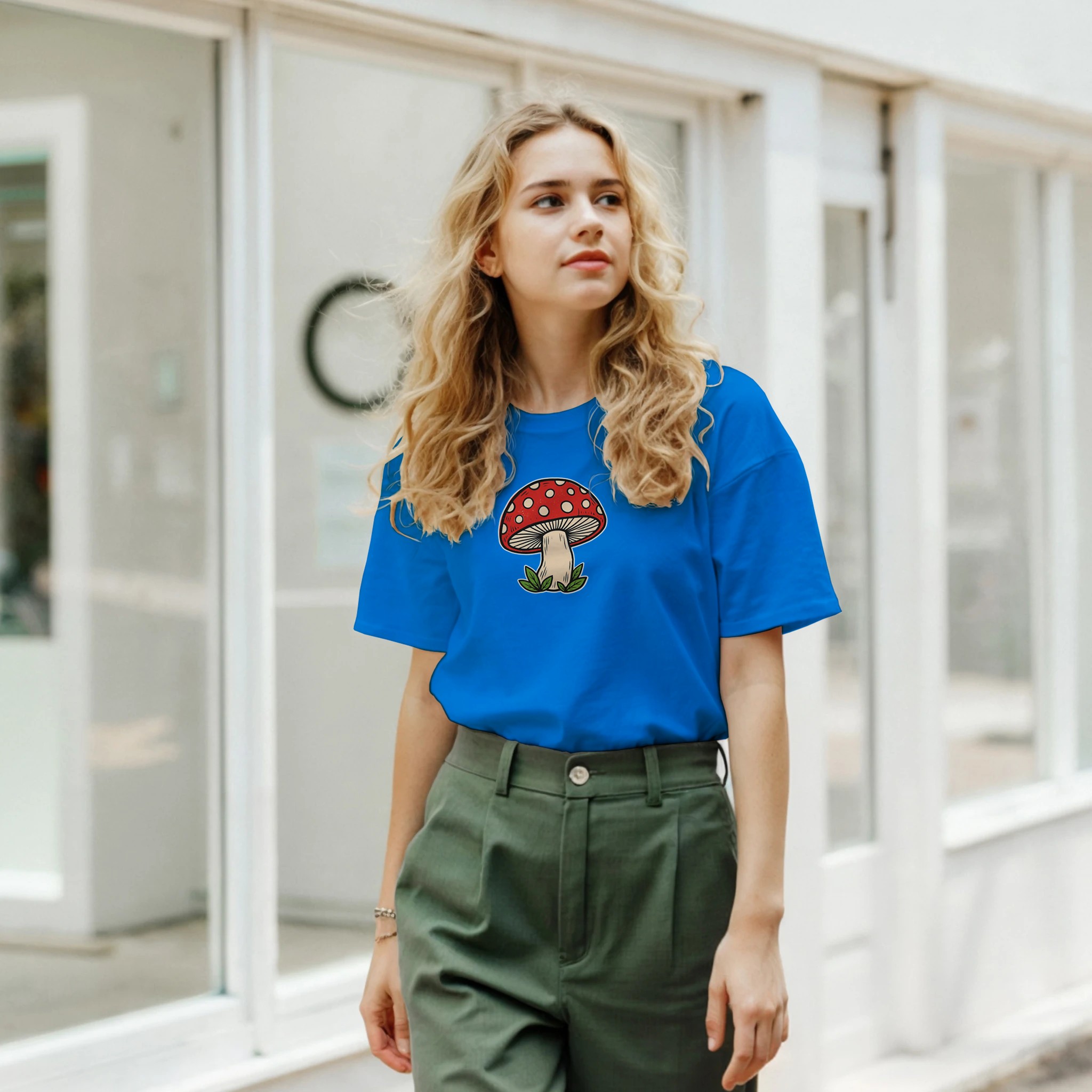 Toadstool t-shirt – woodcut red and cream toadstool design