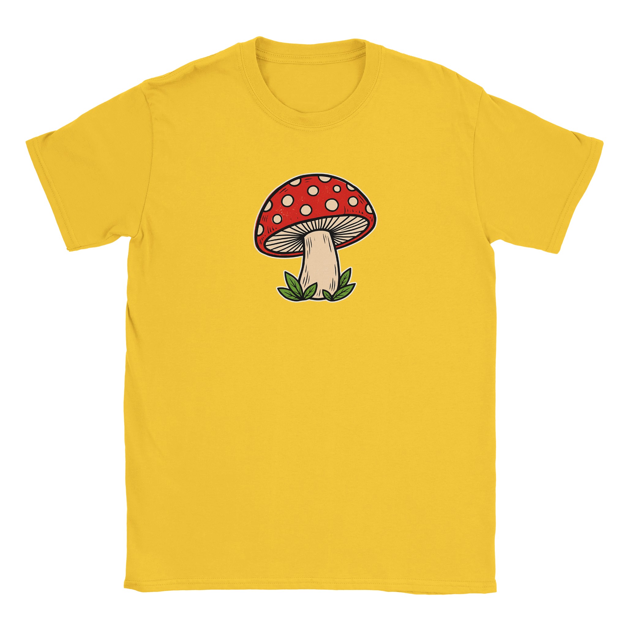 Toadstool t-shirt in daisy – woodcut red and cream toadstool design