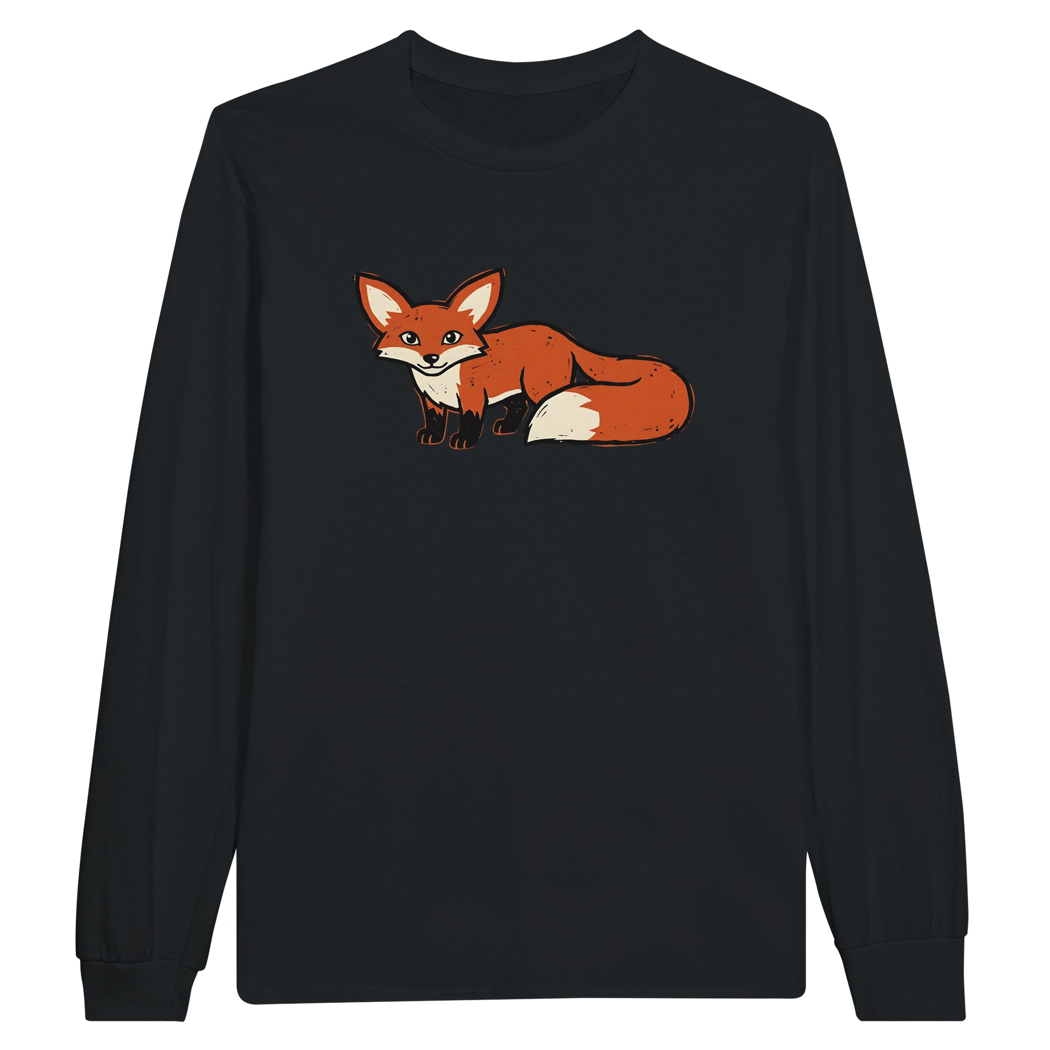 Fox long sleeve t-shirt in Black – woodcut fox with big ears and a bushy tail