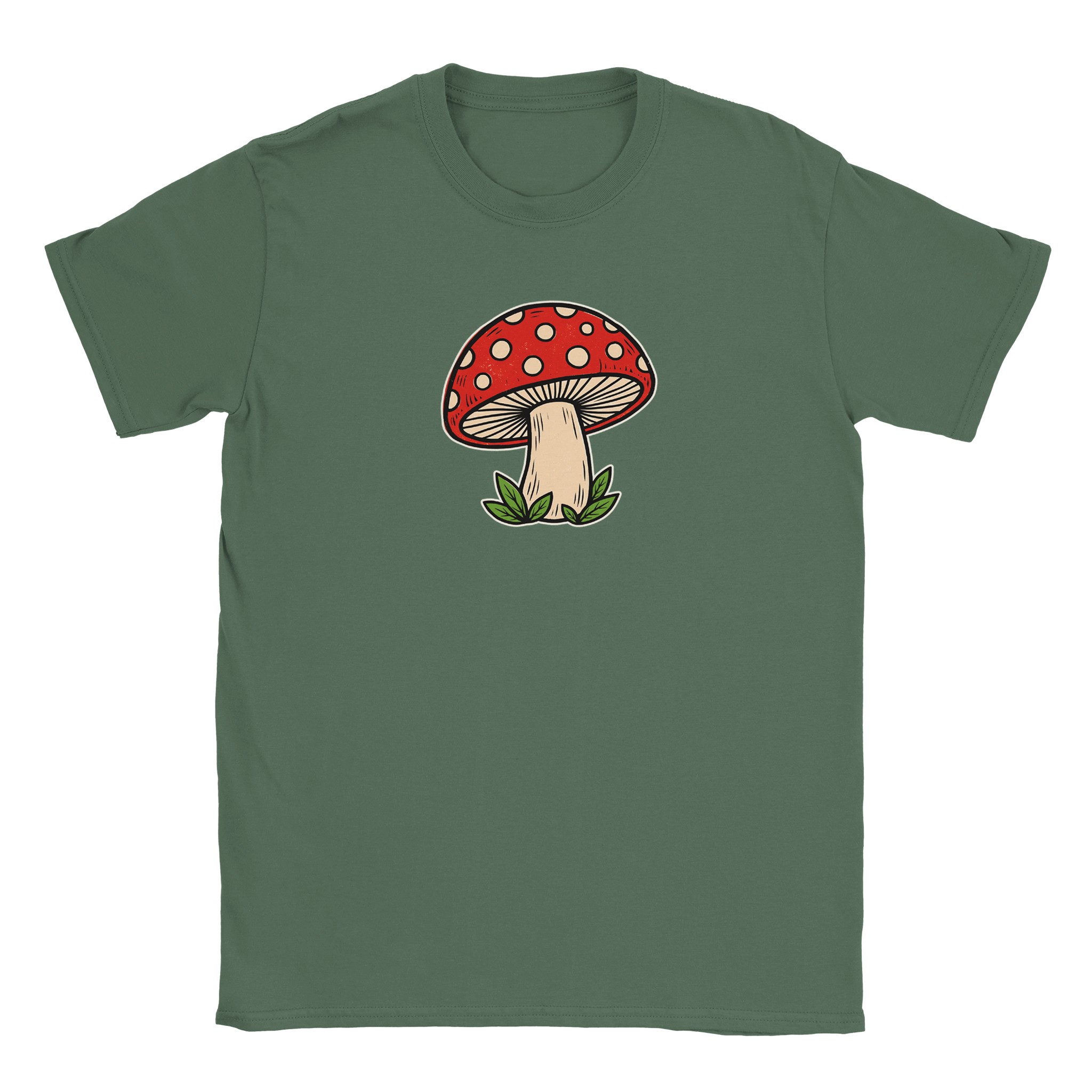 Toadstool t-shirt in military green – woodcut red and cream toadstool design