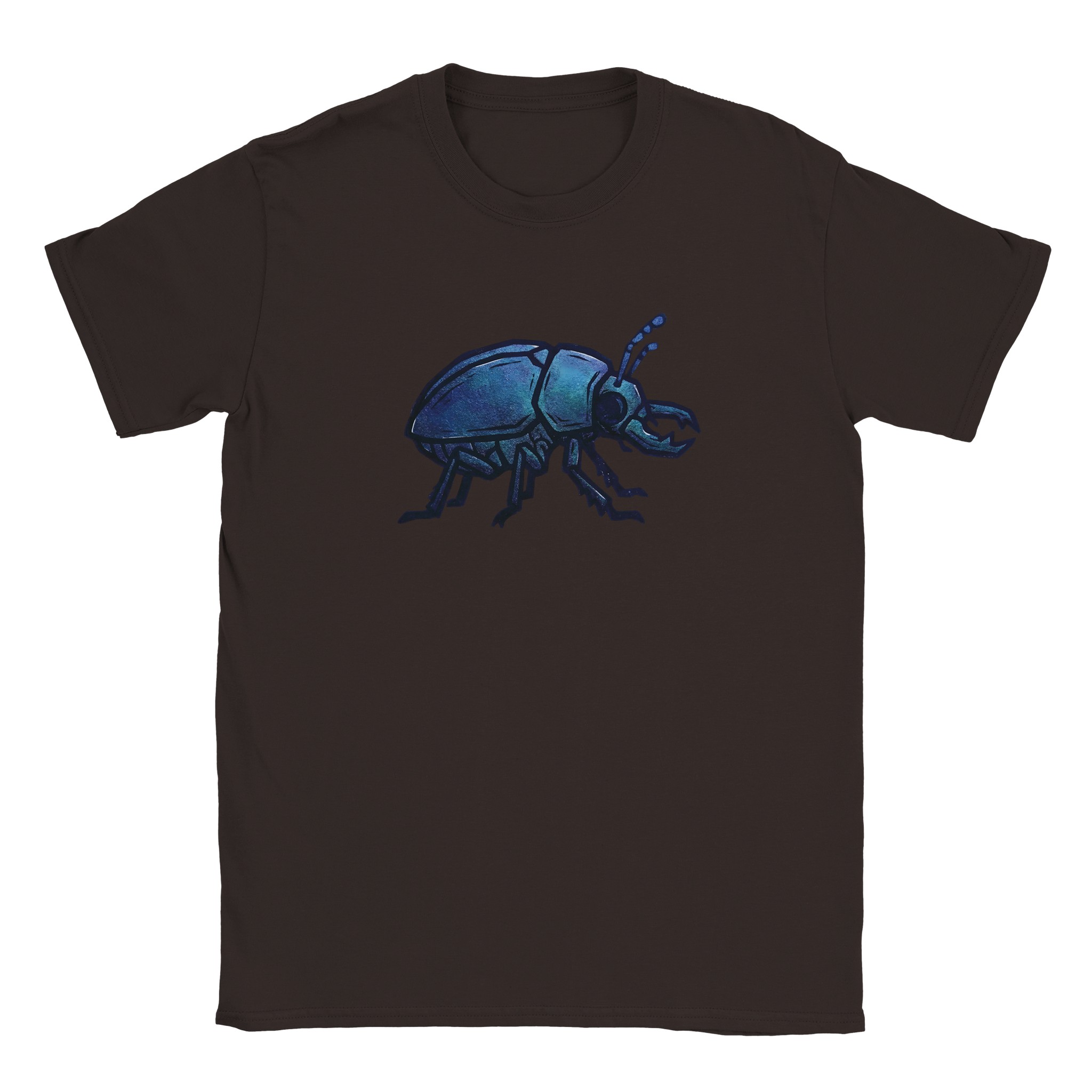 Beetle t-shirt in dark chocolate – woodcut iridescent beetle design