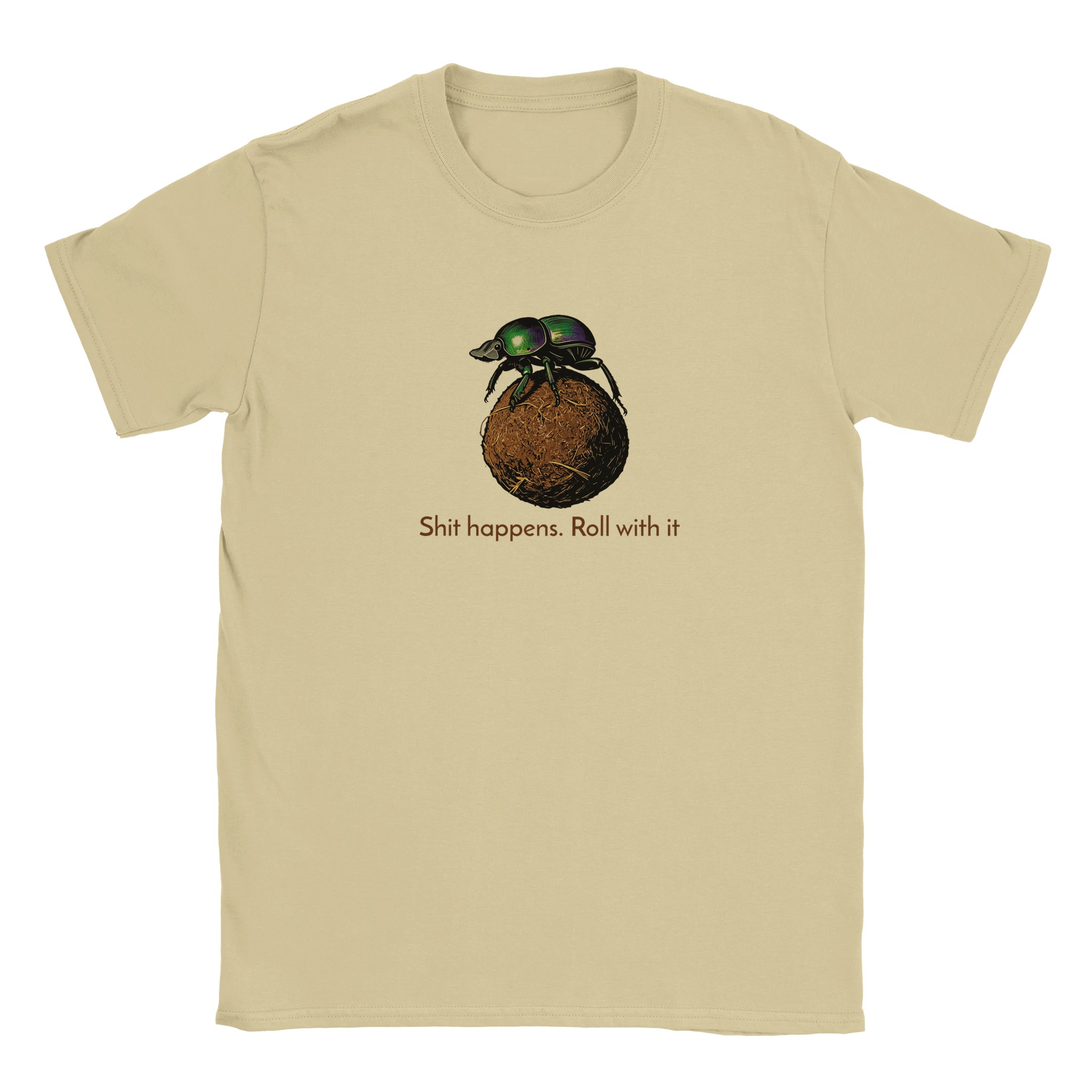 Dung beetle t-shirt in natural – woodcut dung beetle rolling a ball, Roll with it design