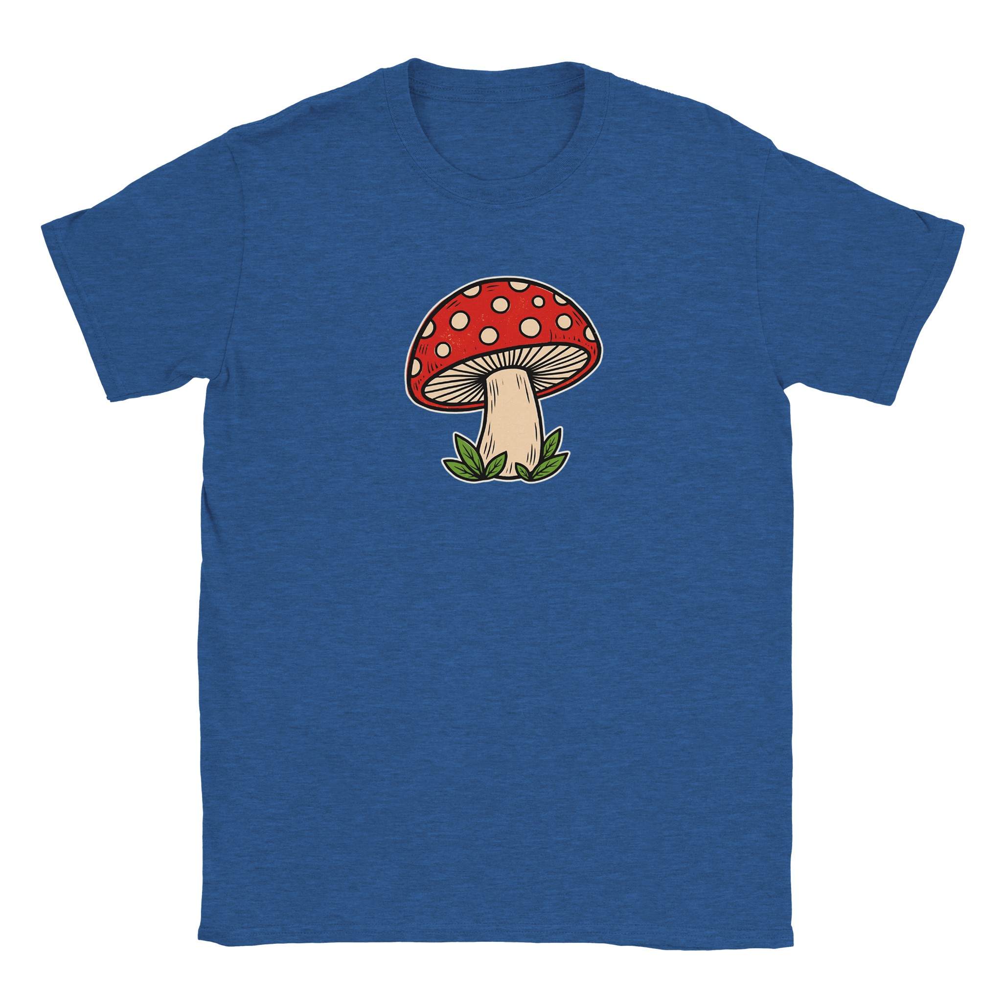 Toadstool t-shirt in heather royal – woodcut red and cream toadstool design