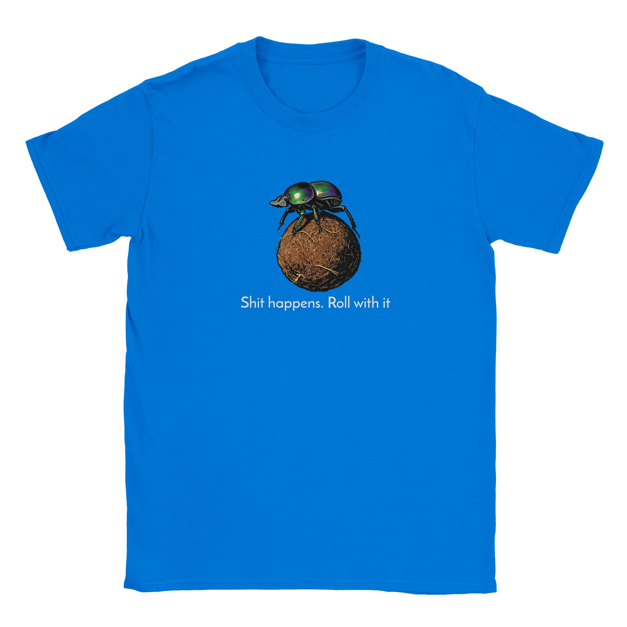 Dung beetle t-shirt in royal – woodcut dung beetle rolling a ball, Roll with it design