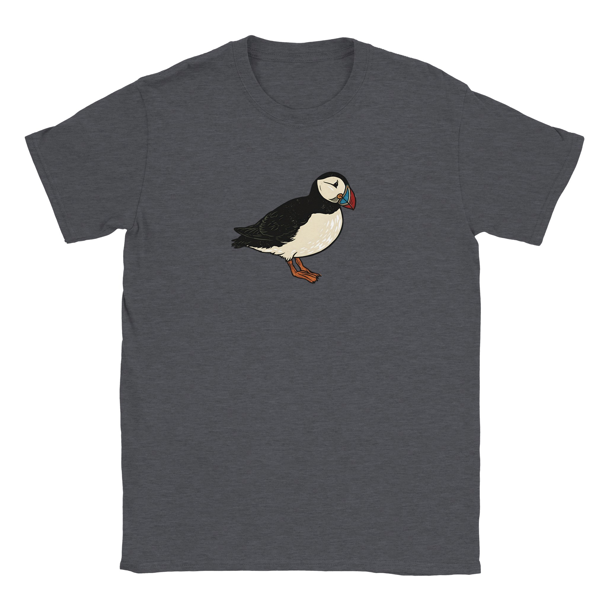Puffin t-shirt in dark heather – woodcut puffin design