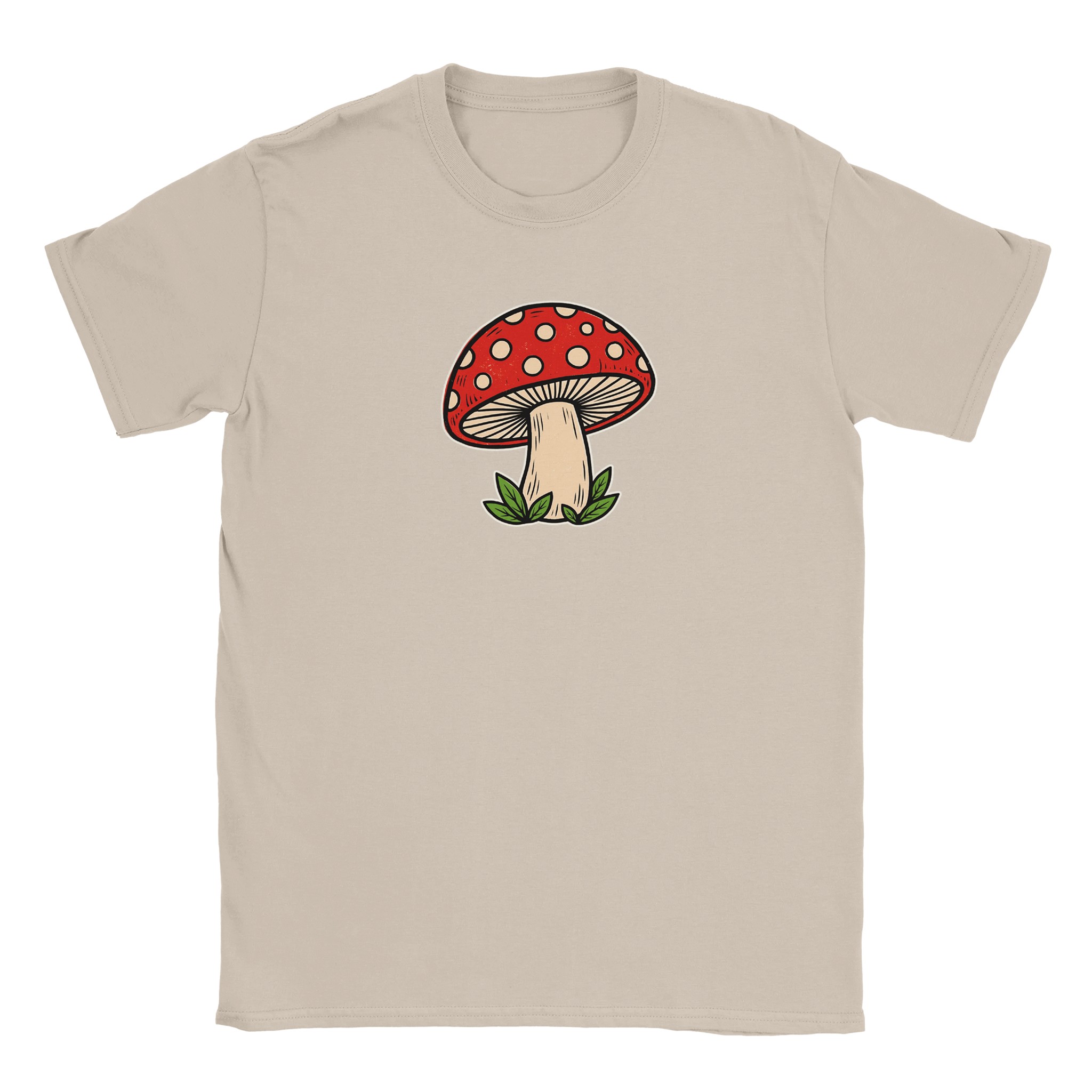 Toadstool t-shirt in sand – woodcut red and cream toadstool design