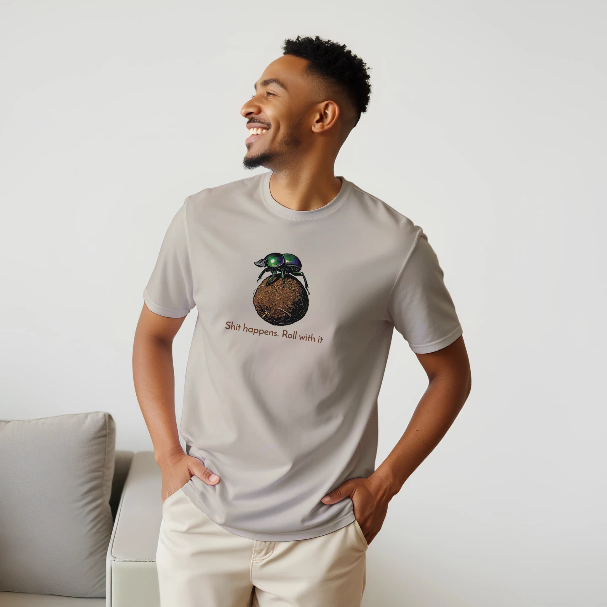 Dung beetle t-shirt – woodcut dung beetle rolling a ball, Roll with it design