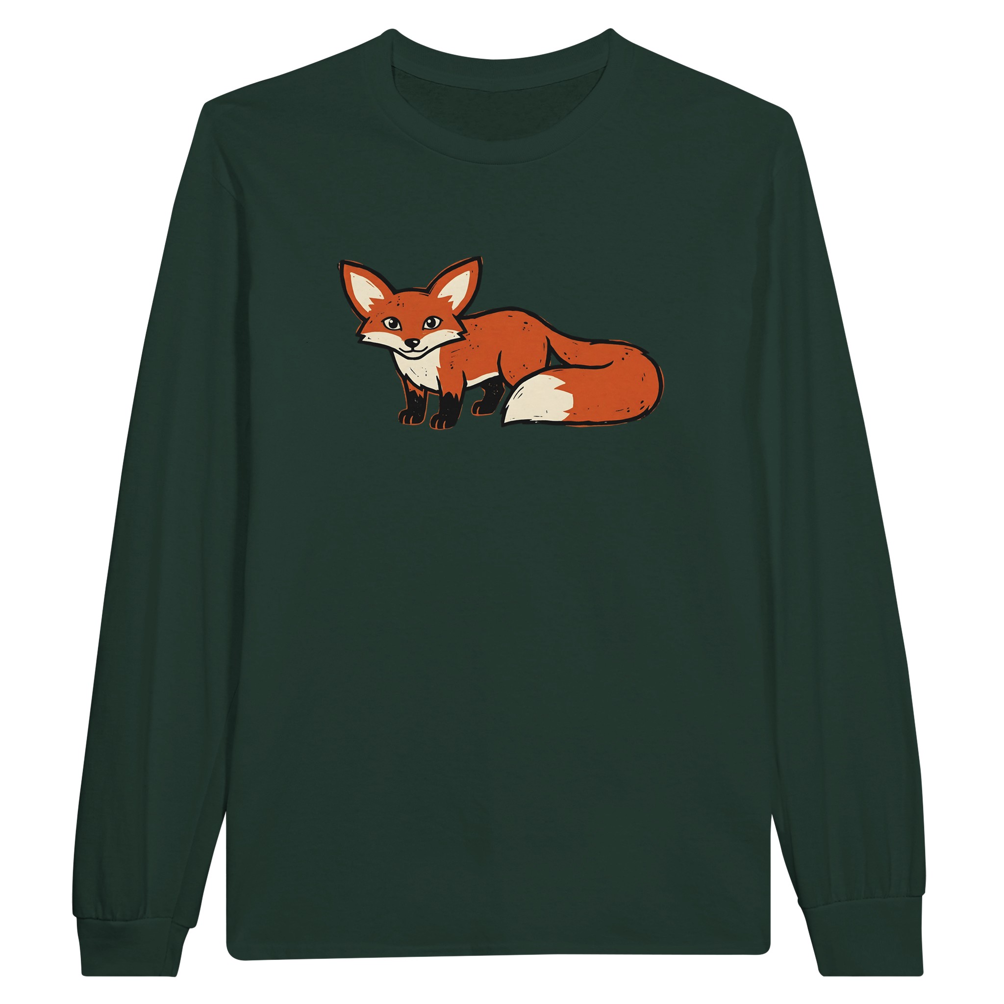 Fox long sleeve t-shirt in Forest Green – woodcut fox with big ears and a bushy tail