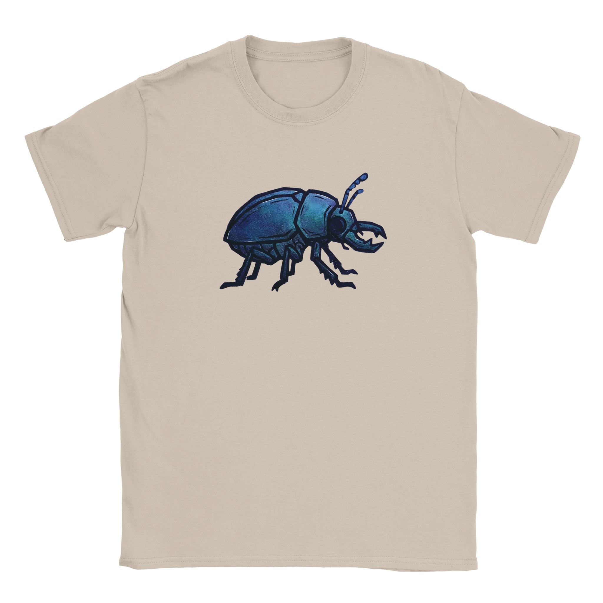 Beetle t-shirt in sand – woodcut iridescent beetle design
