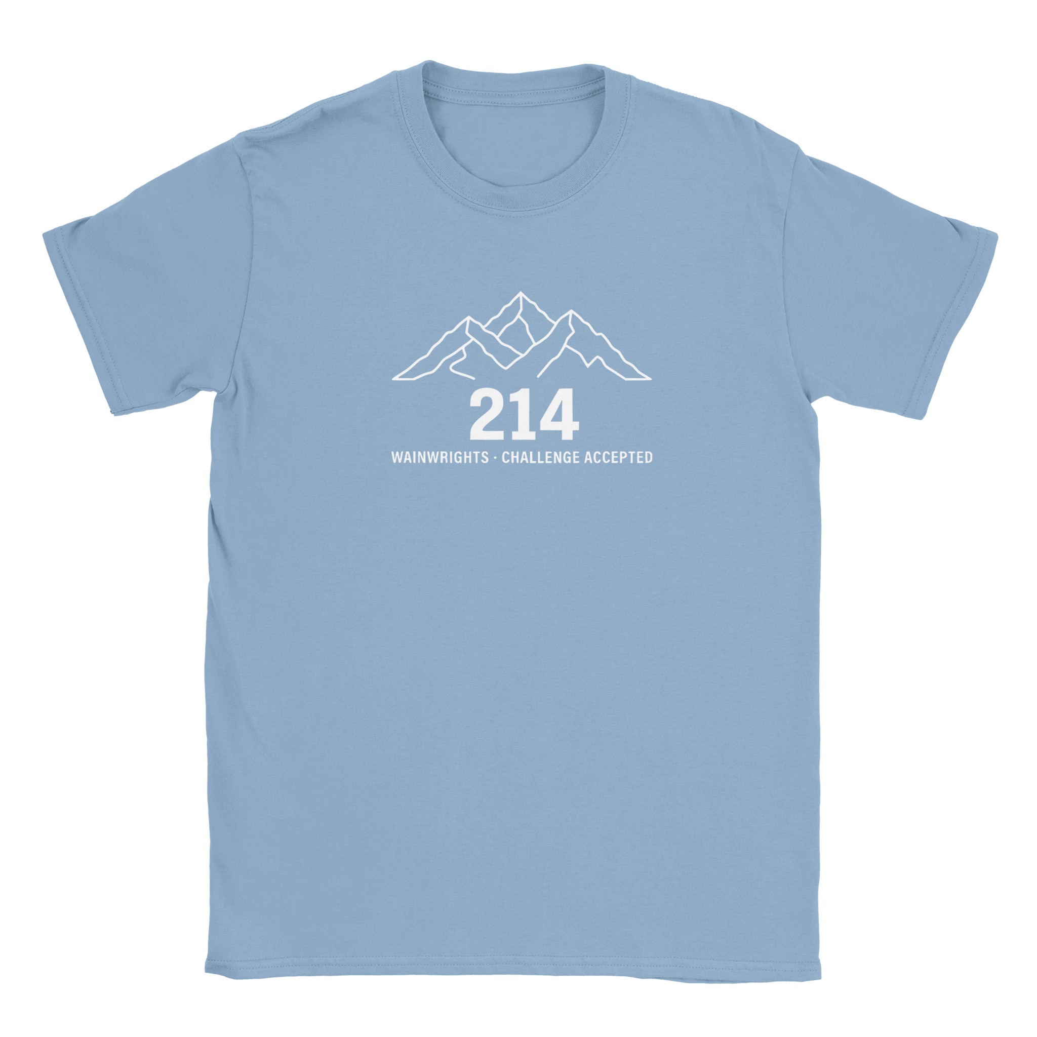 Wainwrights challenge t-shirt in light blue – 214 Challenge Accepted mountain line design