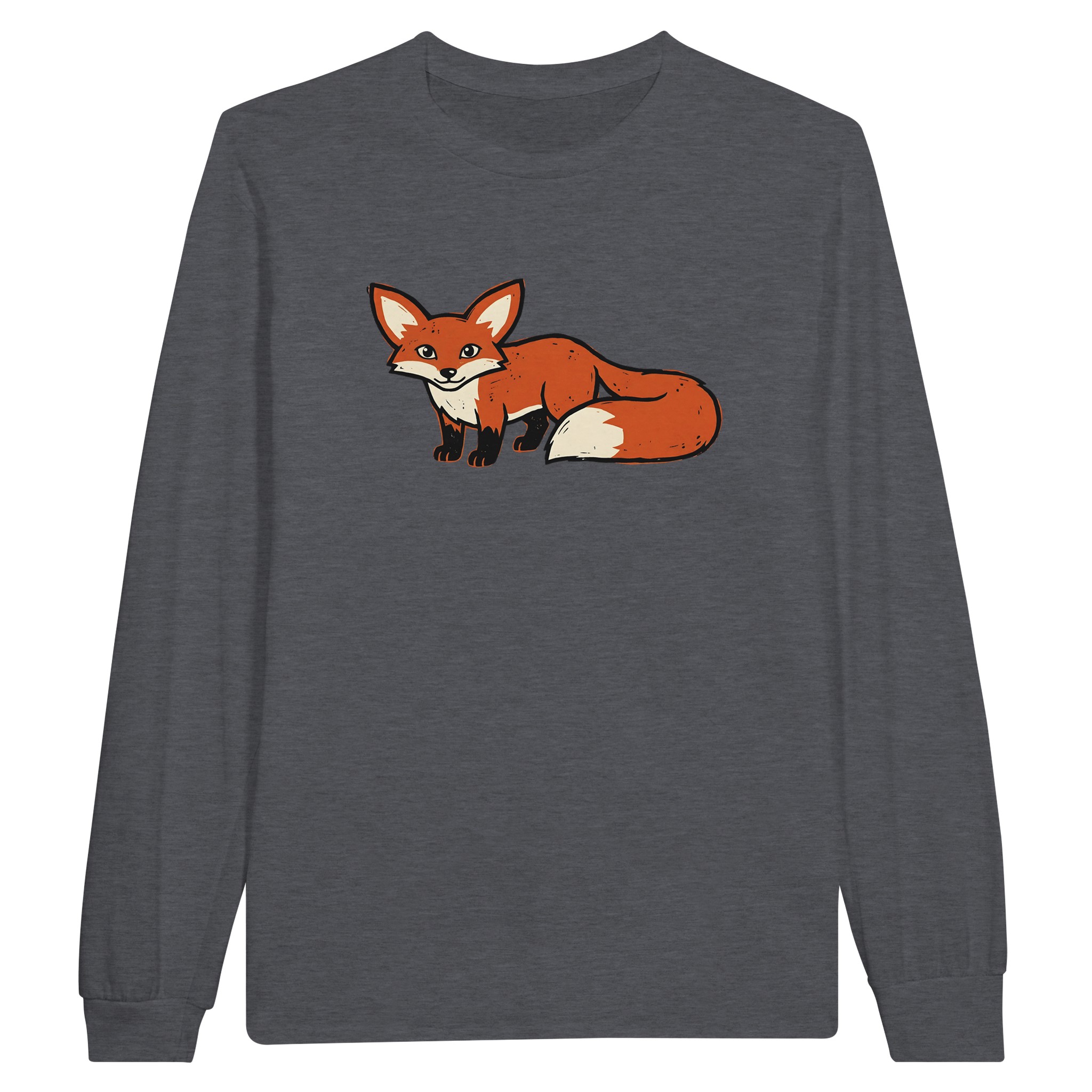 Fox long sleeve t-shirt in Dark Heather – woodcut fox with big ears and a bushy tail
