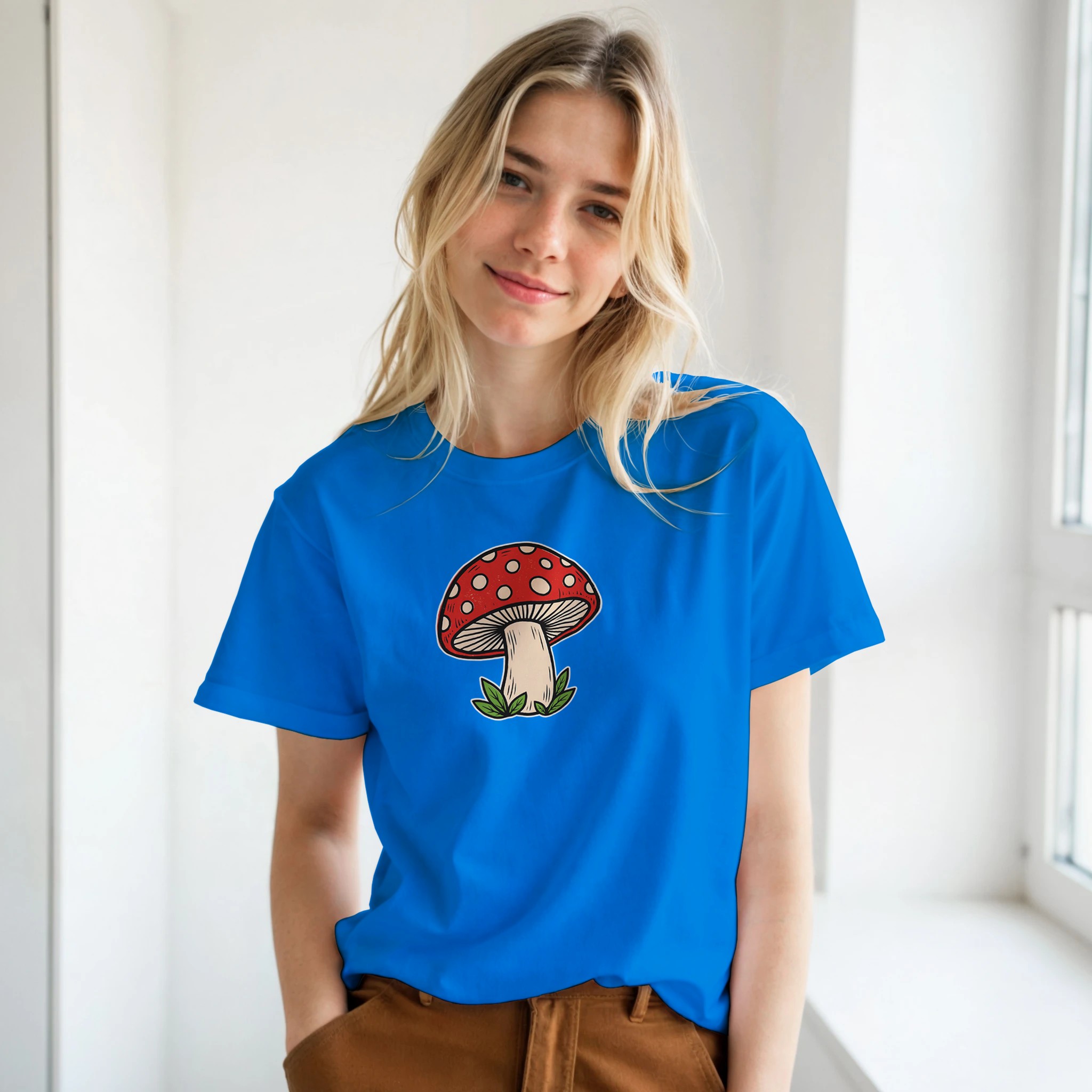 Toadstool t-shirt – woodcut red and cream toadstool design