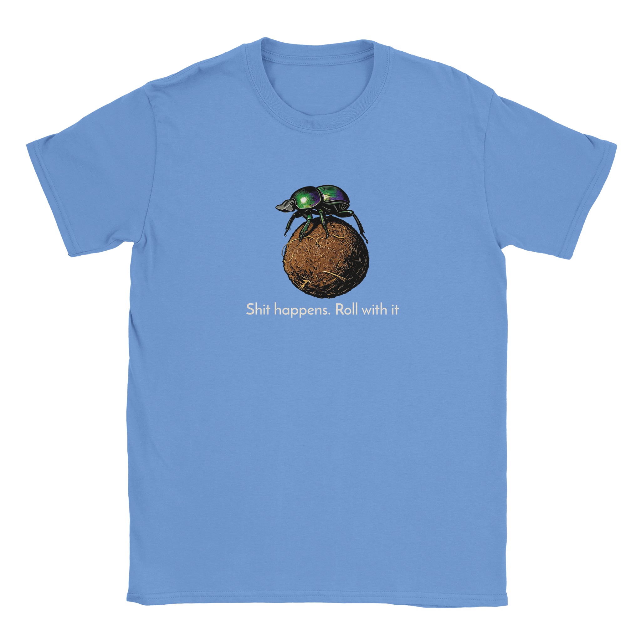 Dung beetle t-shirt in carolina blue – woodcut dung beetle rolling a ball, Roll with it design