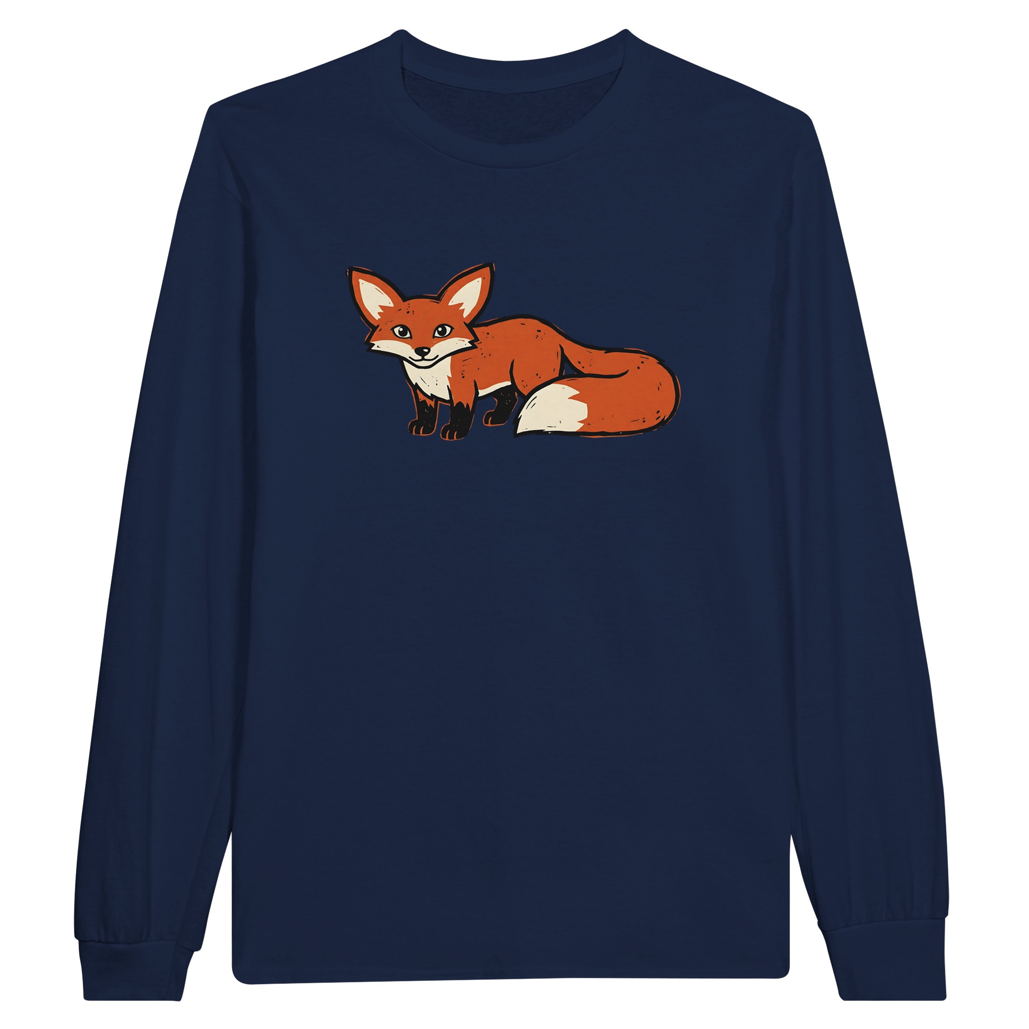 Fox long sleeve t-shirt in Navy – woodcut fox with big ears and a bushy tail