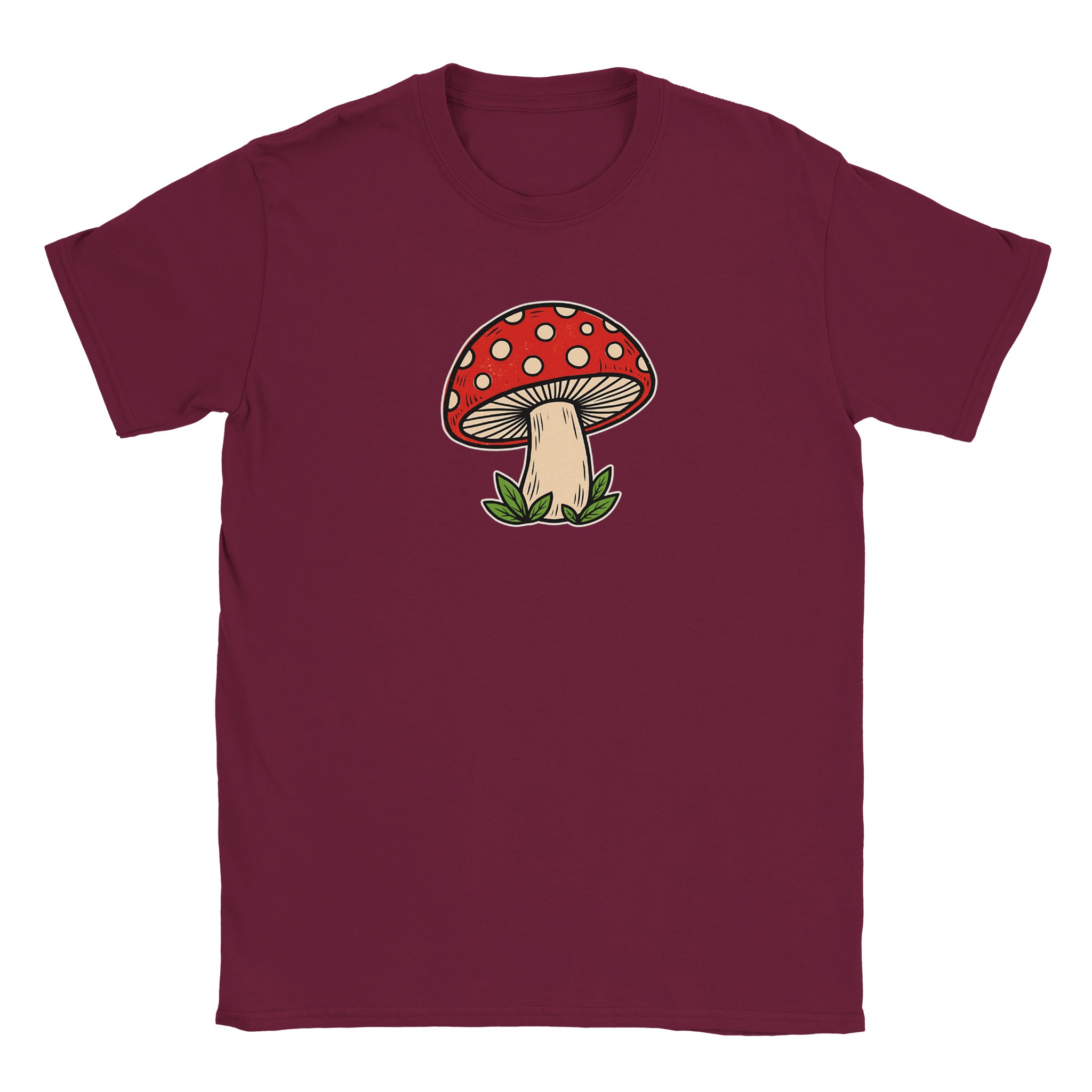 Toadstool t-shirt in maroon – woodcut red and cream toadstool design