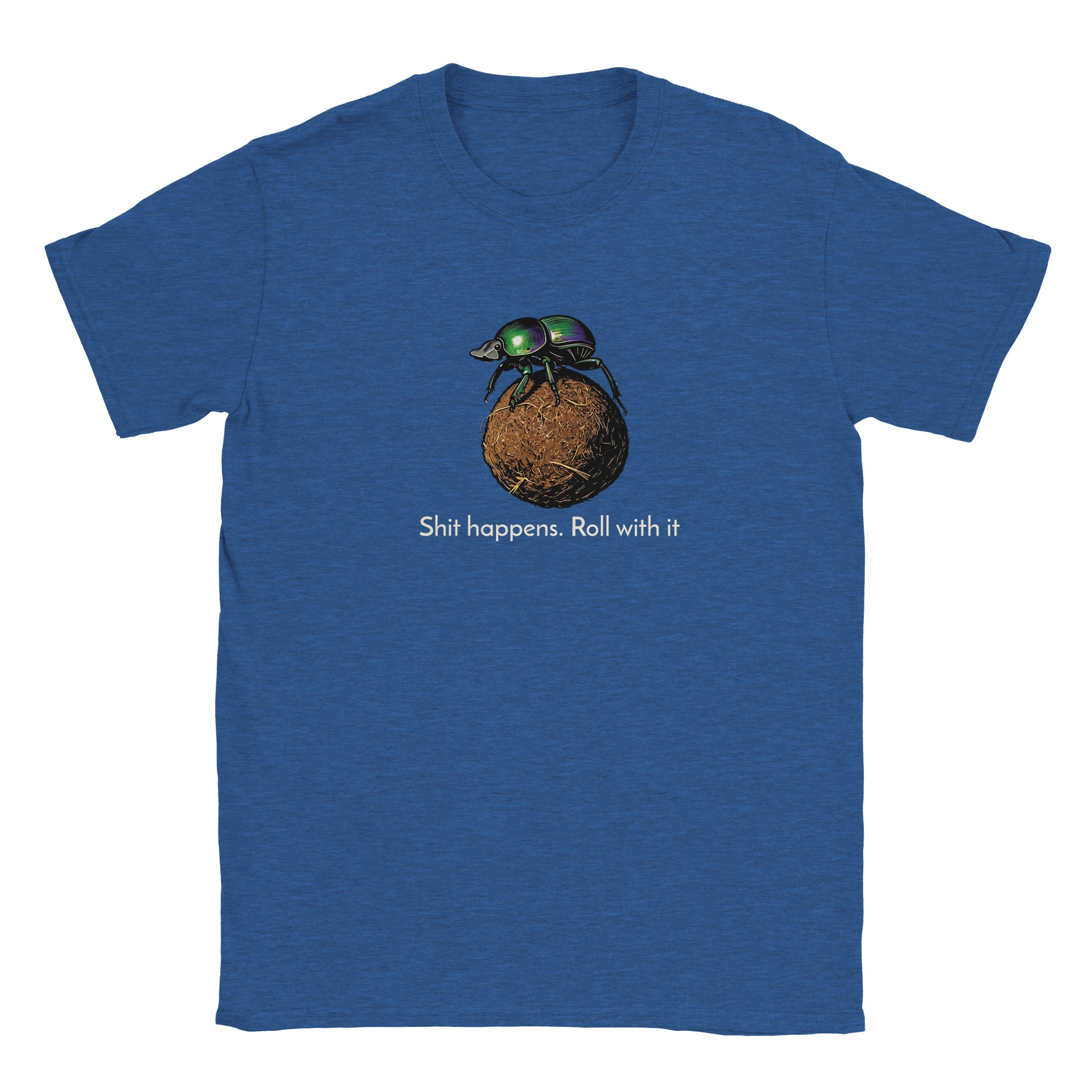 Dung beetle t-shirt in heather royal – woodcut dung beetle rolling a ball, Roll with it design