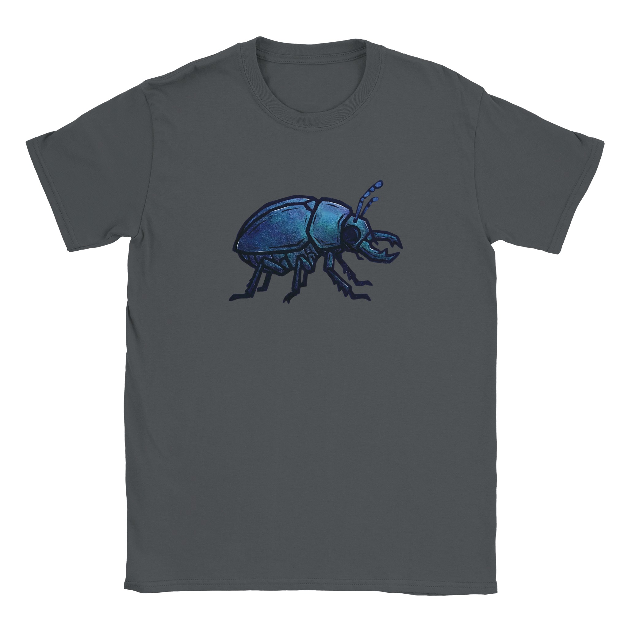 Beetle t-shirt in charcoal – woodcut iridescent beetle design