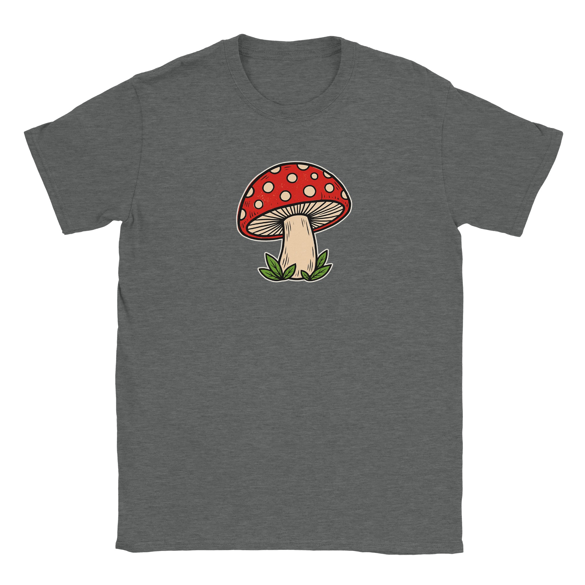 Toadstool t-shirt in graphite heather – woodcut red and cream toadstool design