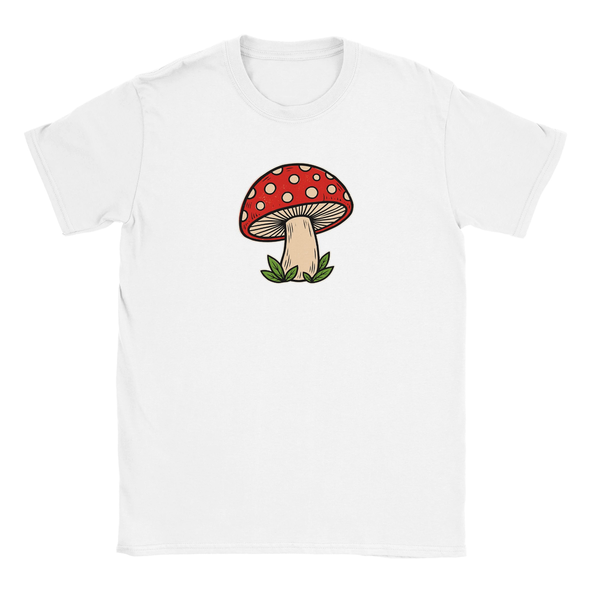 Toadstool t-shirt in white – woodcut red and cream toadstool design