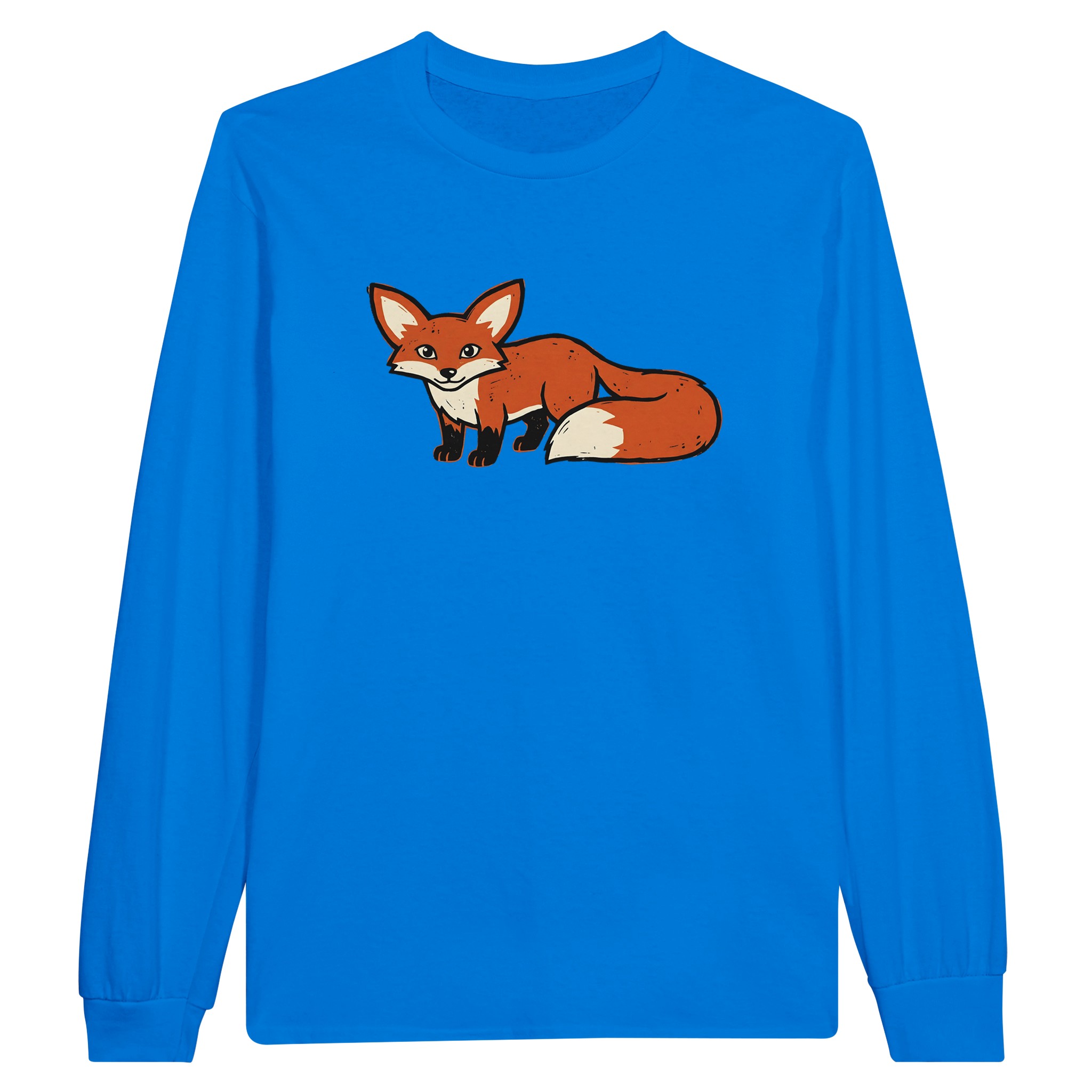 Fox long sleeve t-shirt in Royal – woodcut fox with big ears and a bushy tail