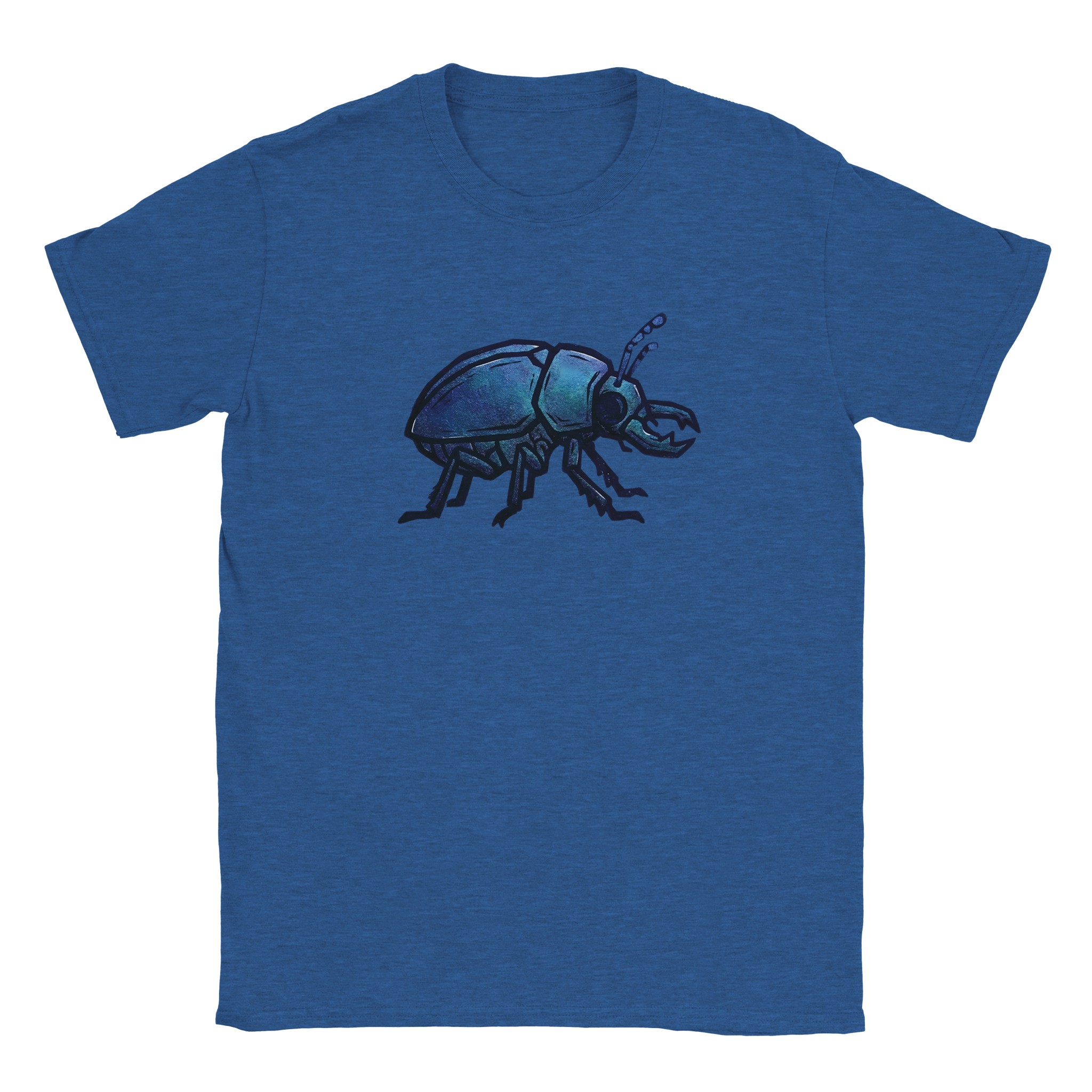 Beetle t-shirt in heather royal – woodcut iridescent beetle design