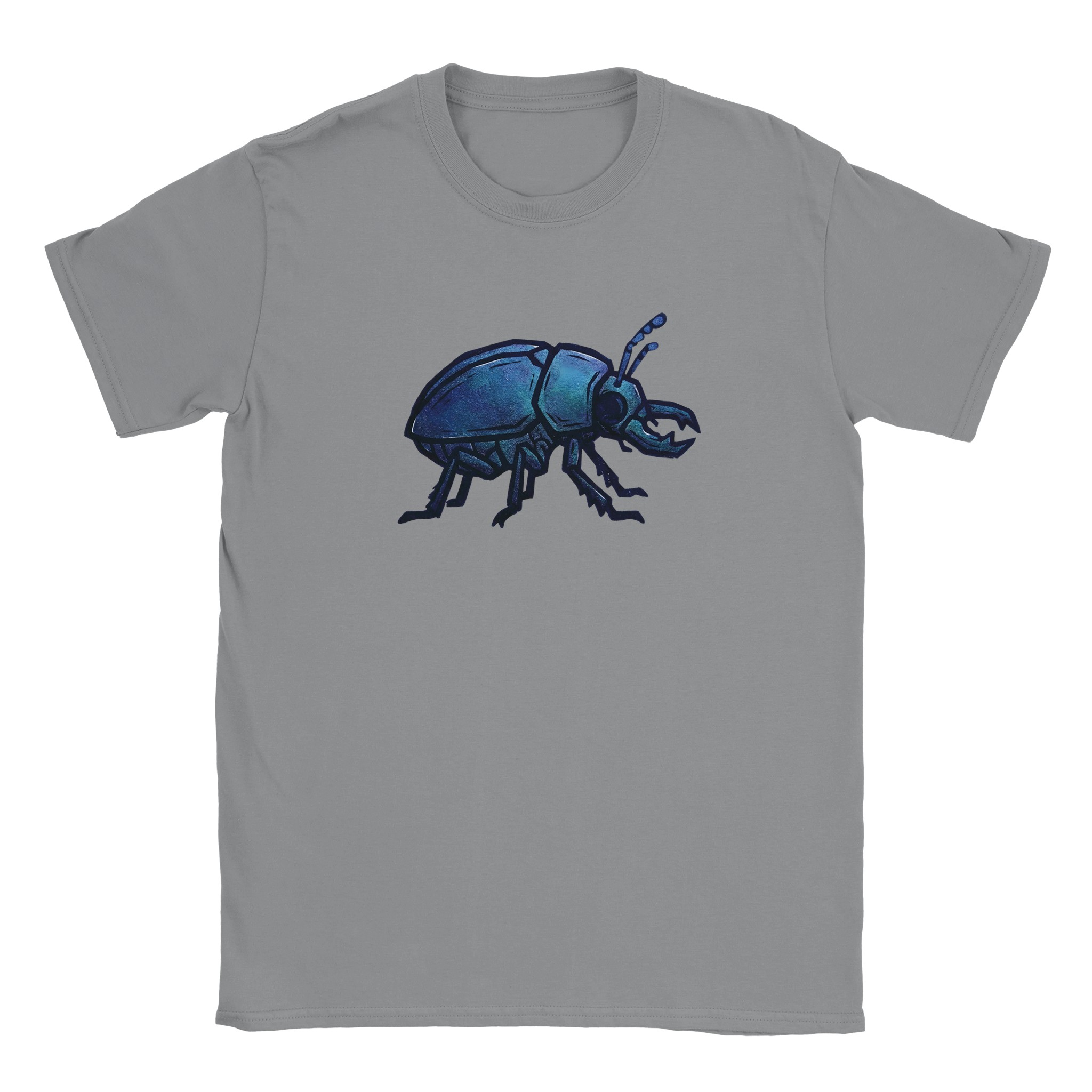 Beetle t-shirt in sport grey – woodcut iridescent beetle design