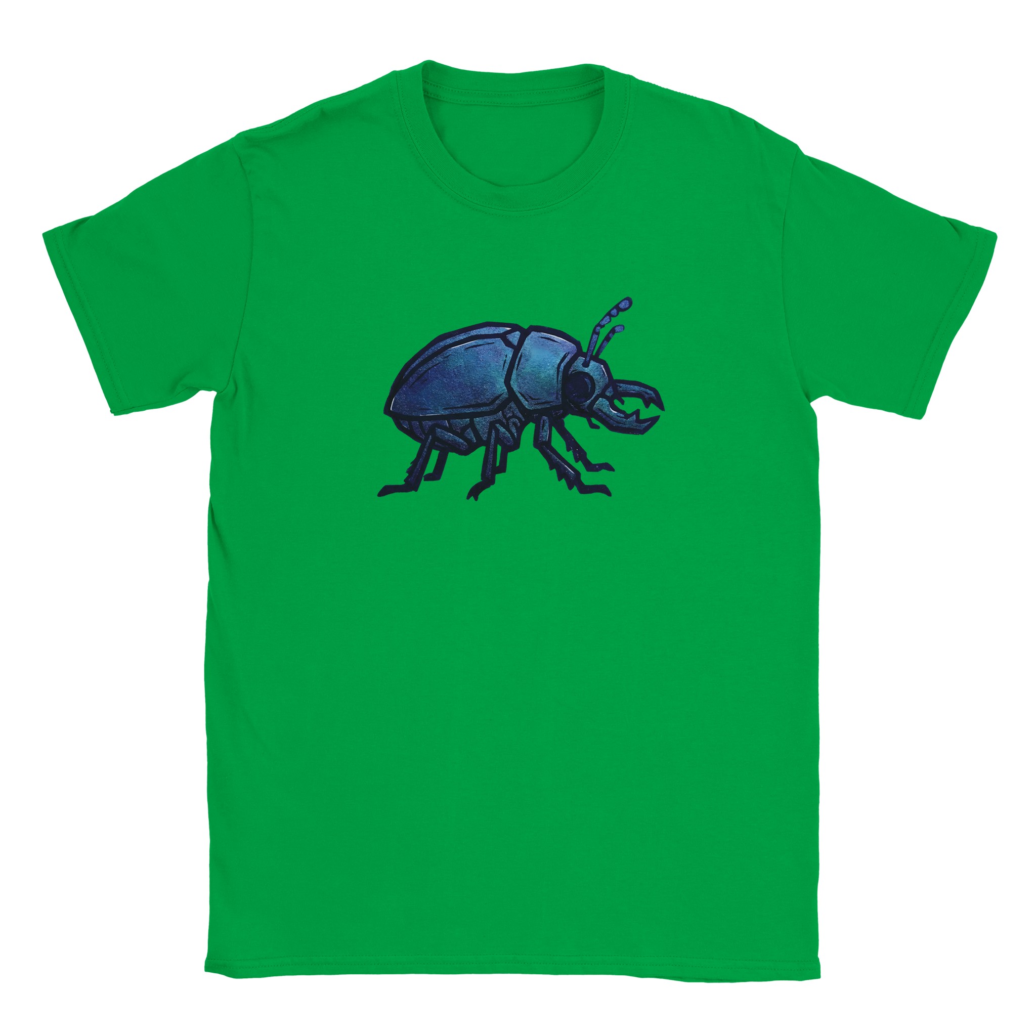 Beetle t-shirt in irish green – woodcut iridescent beetle design