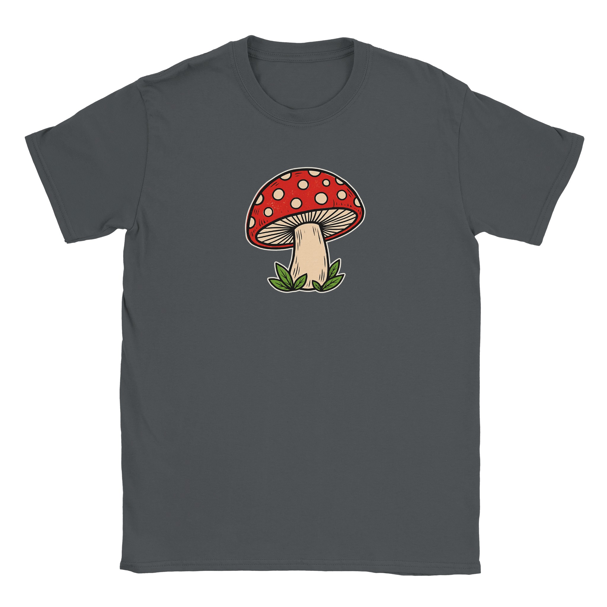 Toadstool t-shirt in charcoal – woodcut red and cream toadstool design