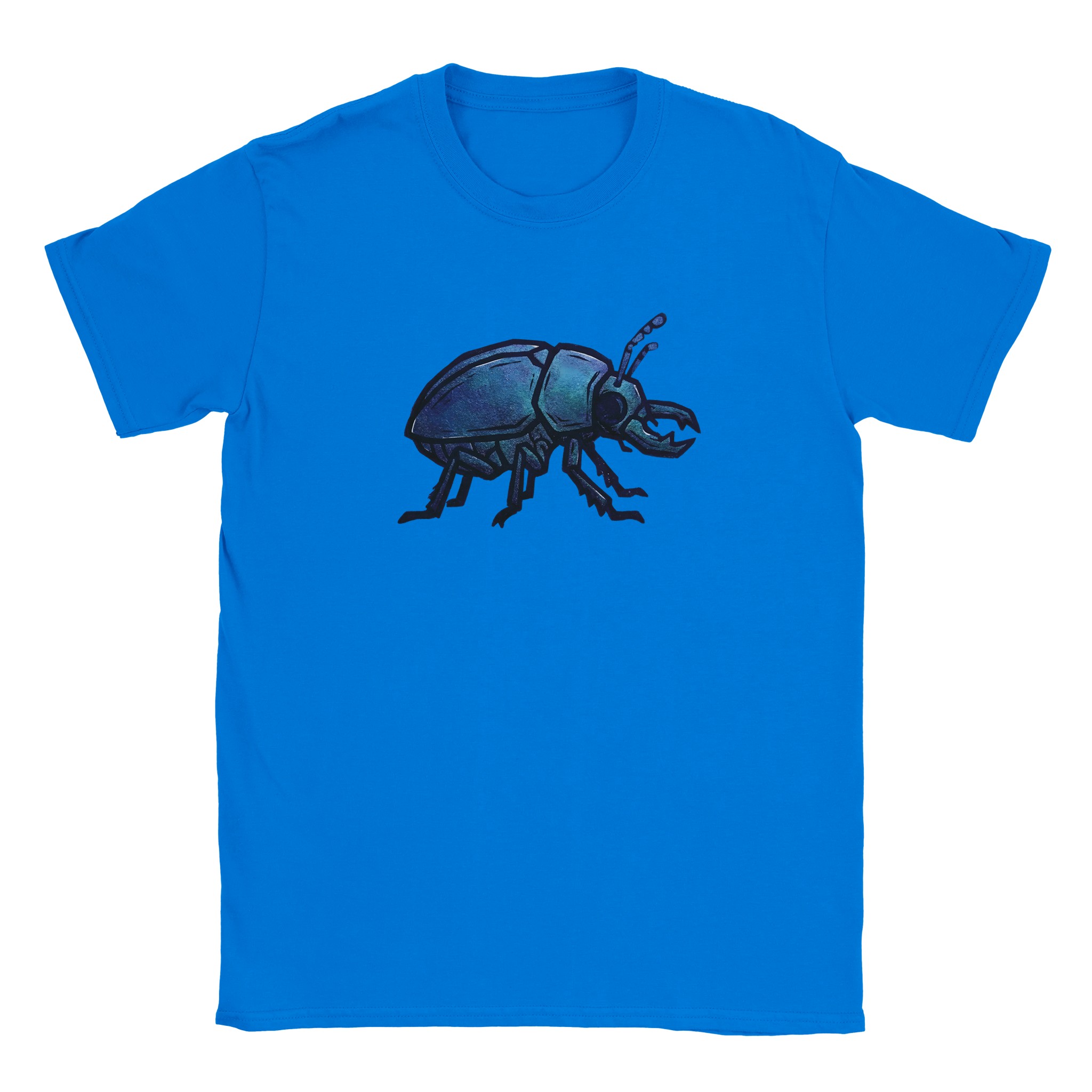 Beetle t-shirt in royal – woodcut iridescent beetle design
