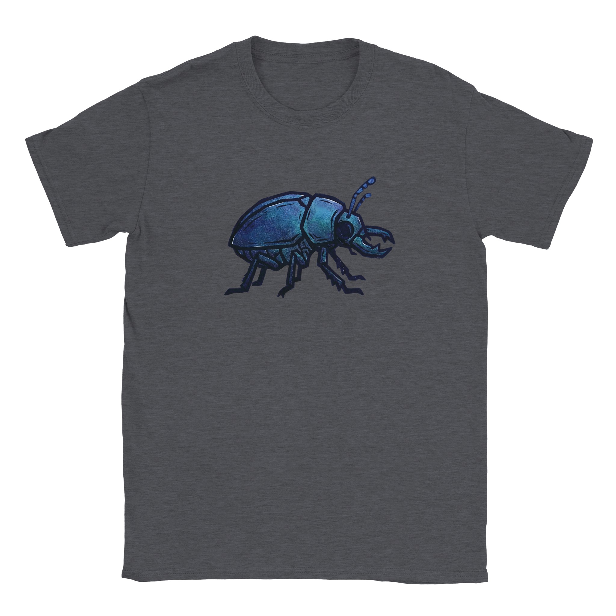 Beetle t-shirt in dark heather – woodcut iridescent beetle design
