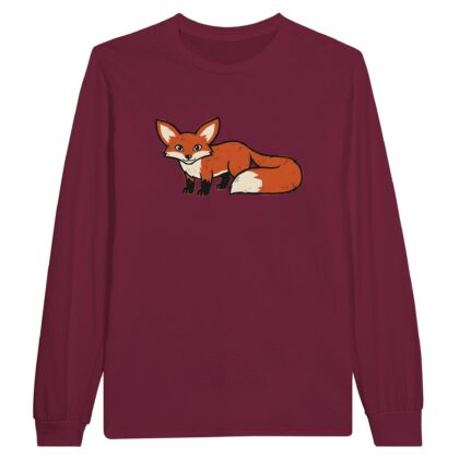 Fox long sleeve t-shirt in Maroon – woodcut fox with big ears and a bushy tail