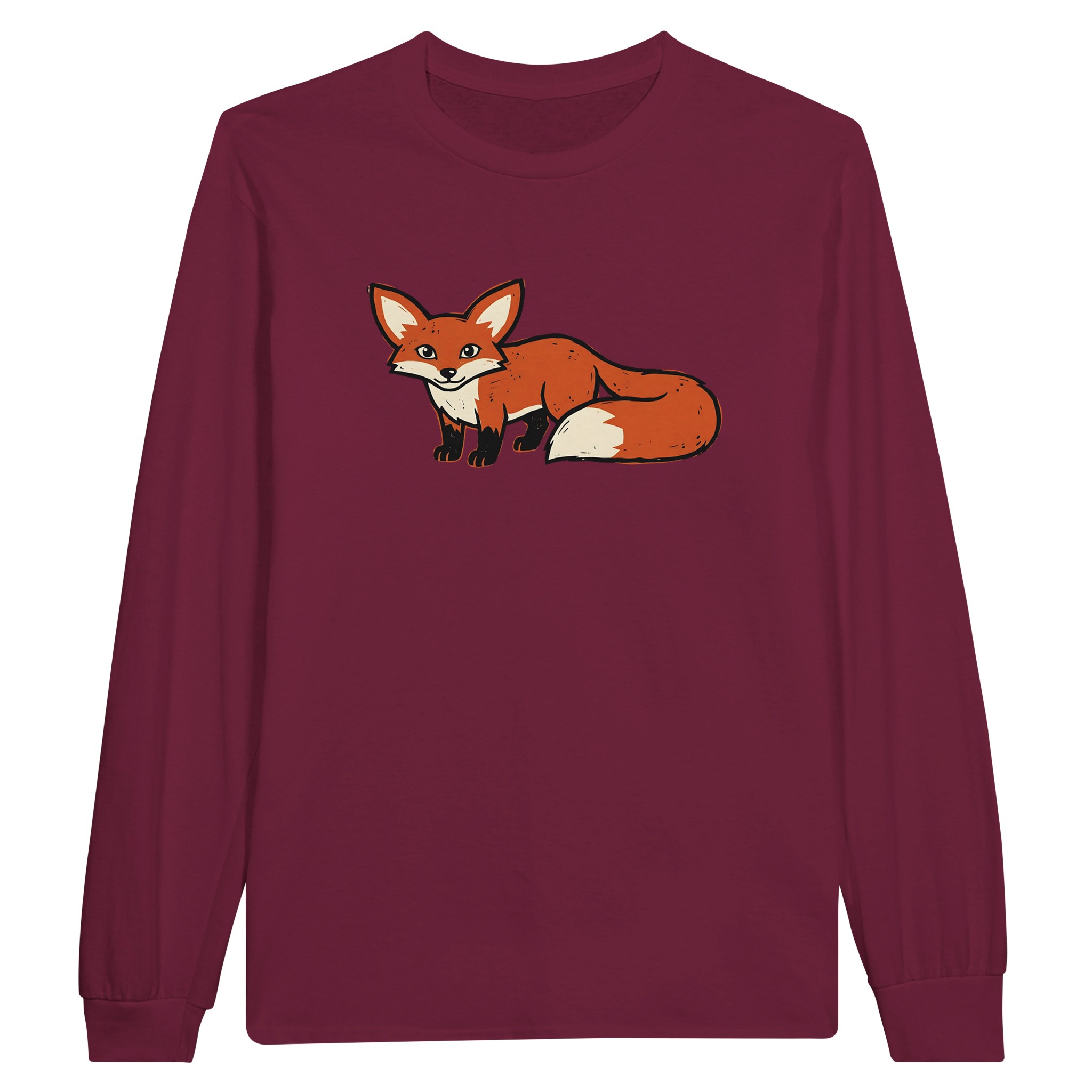 Fox long sleeve t-shirt in Maroon – woodcut fox with big ears and a bushy tail