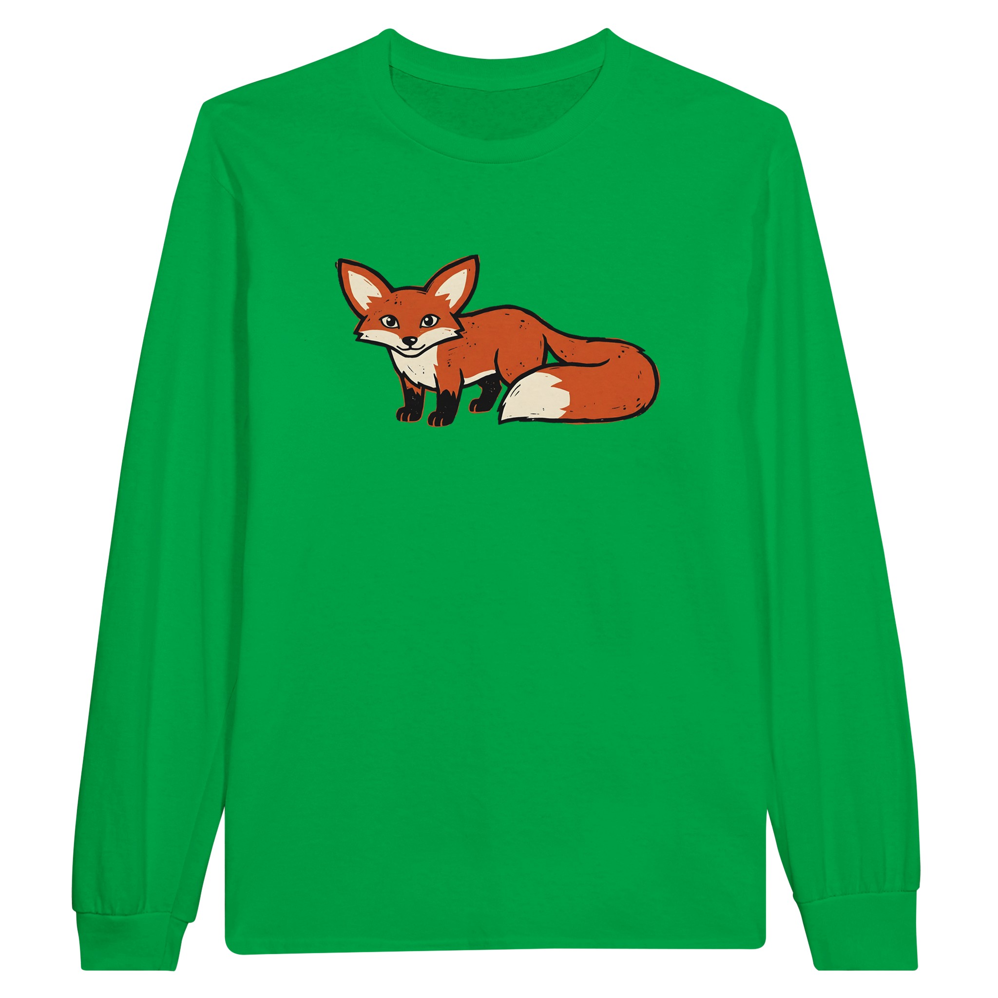 Fox long sleeve t-shirt in Irish Green – woodcut fox with big ears and a bushy tail