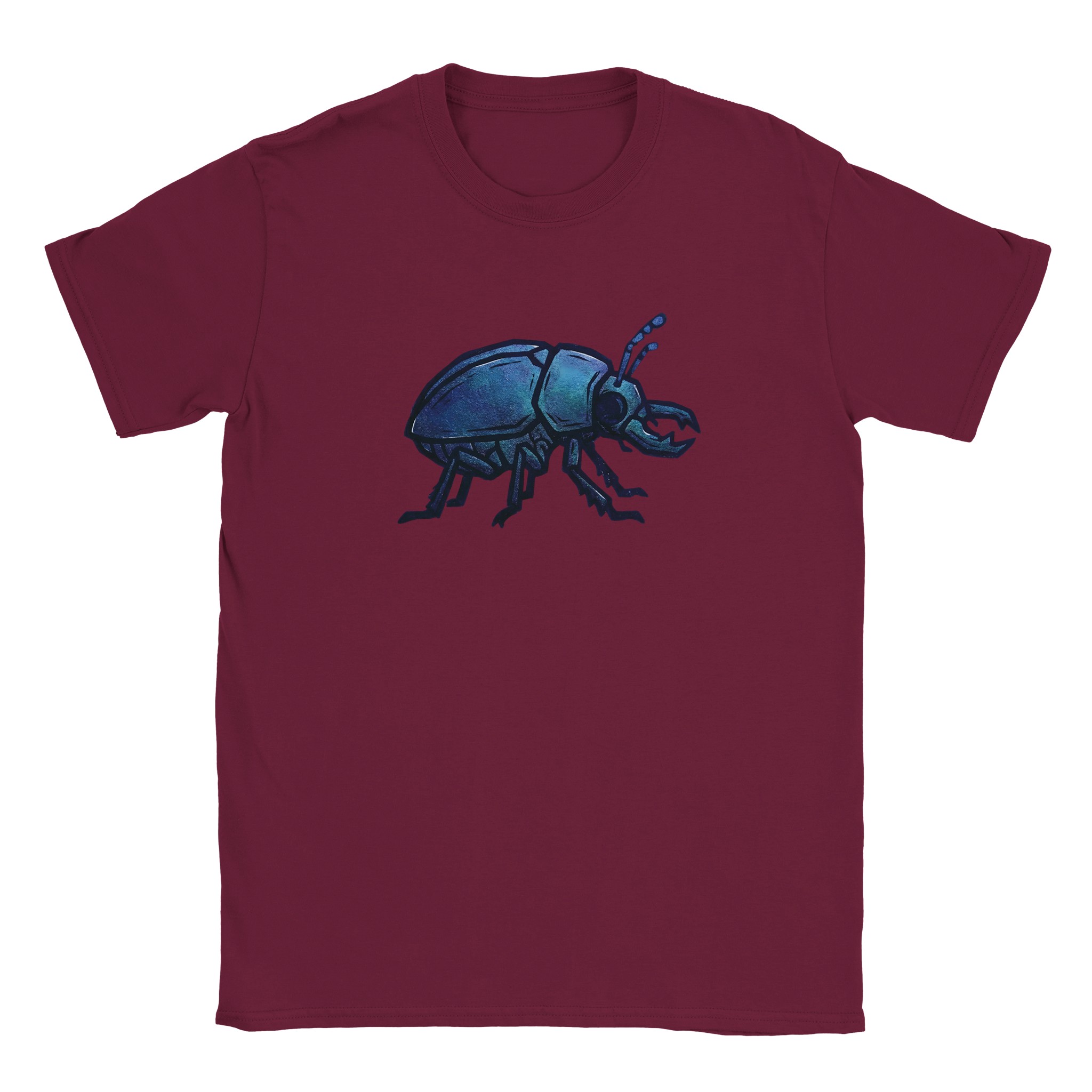 Beetle t-shirt in maroon – woodcut iridescent beetle design
