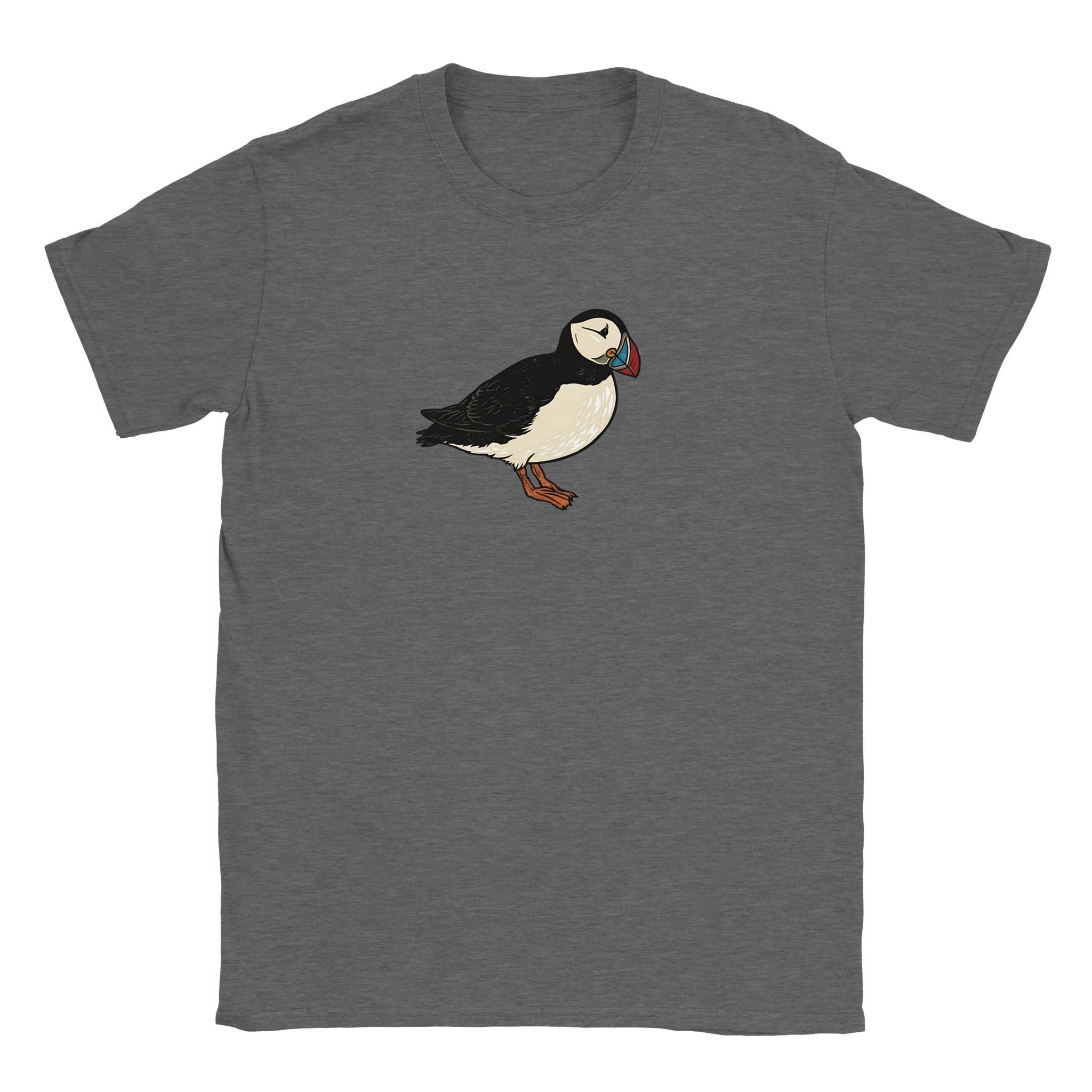 Puffin t-shirt in graphite heather – woodcut puffin design