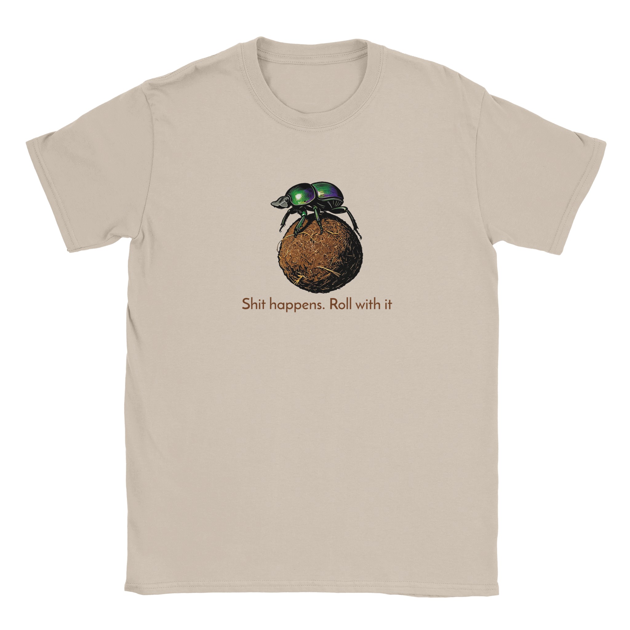 Dung beetle t-shirt in sand – woodcut dung beetle rolling a ball, Roll with it design
