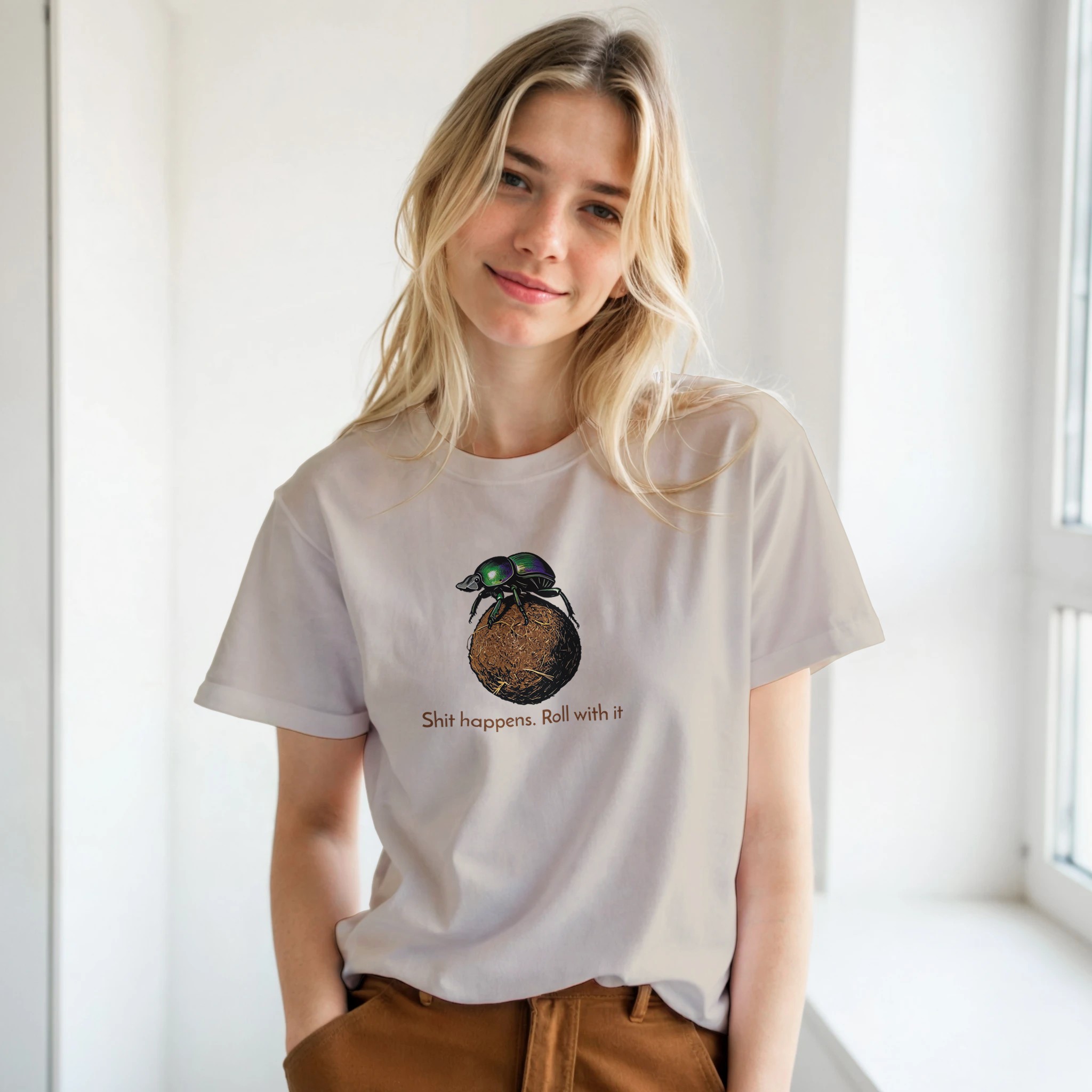 Dung beetle t-shirt – woodcut dung beetle rolling a ball, Roll with it design