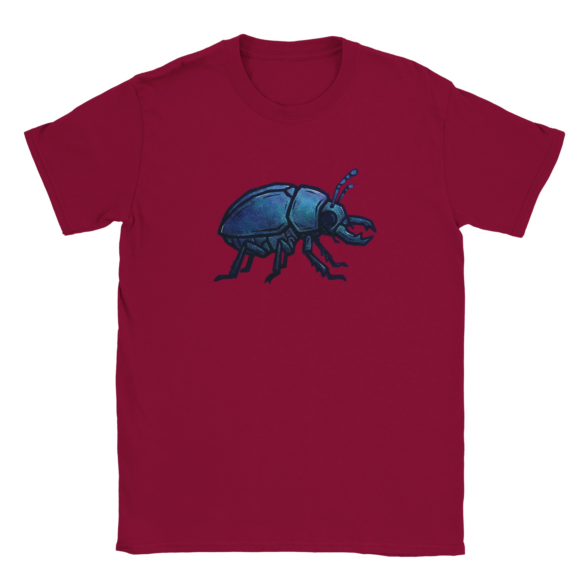 Beetle t-shirt in cardinal red – woodcut iridescent beetle design