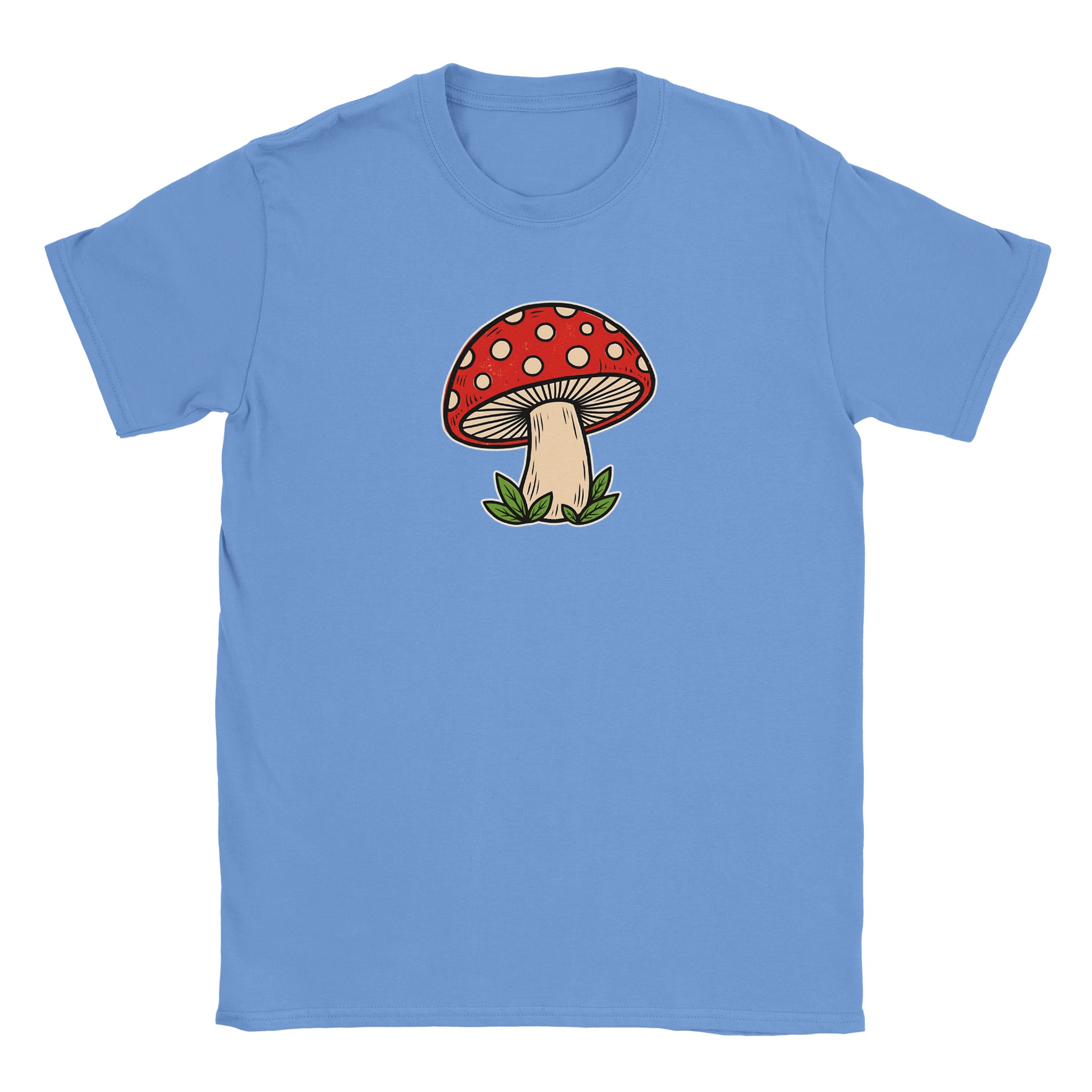 Toadstool t-shirt in carolina blue – woodcut red and cream toadstool design