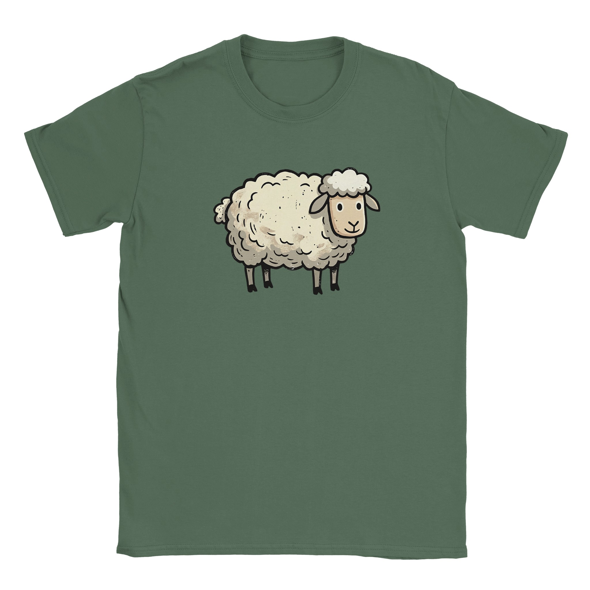 Sheep t-shirt in military green – woodcut sheep design