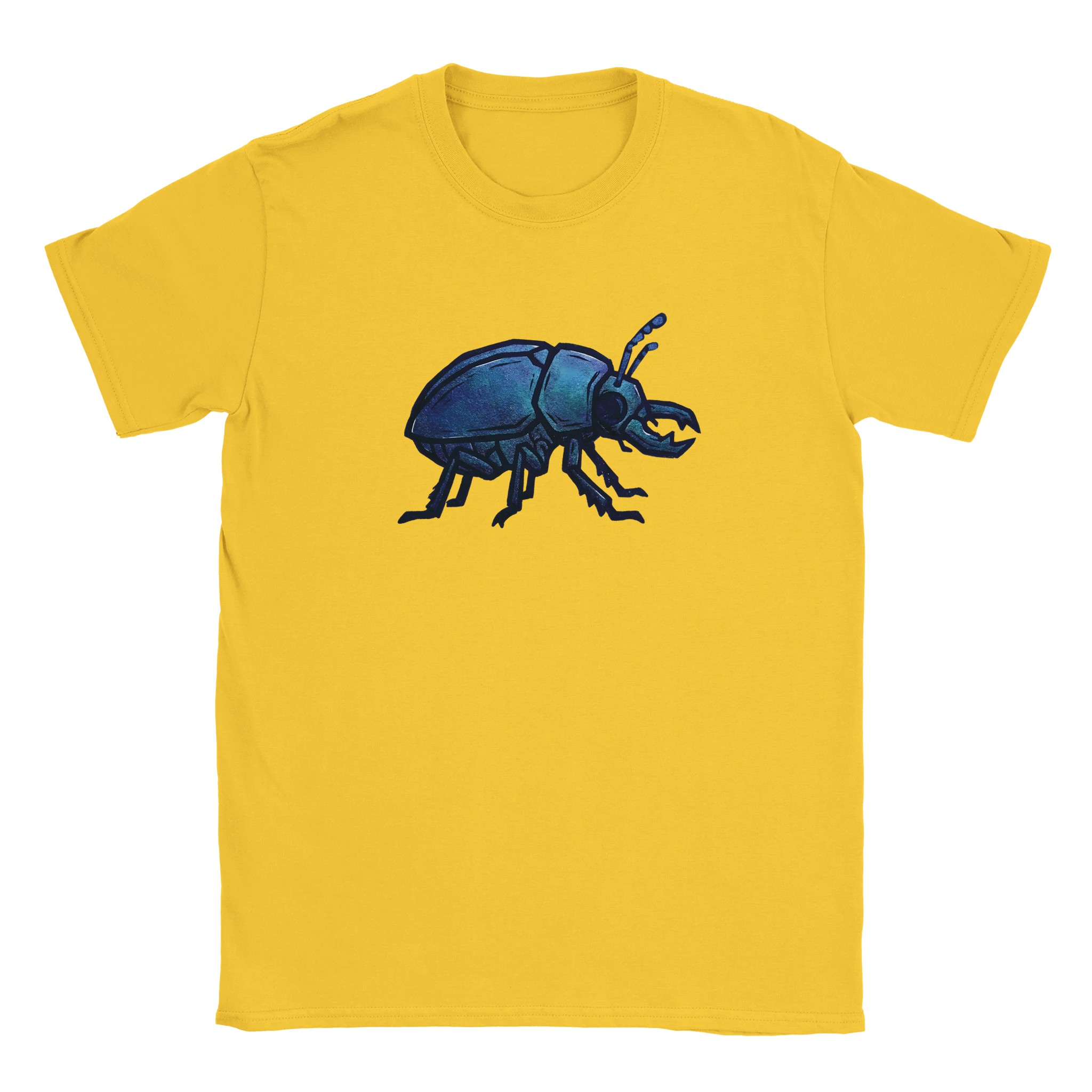 Beetle t-shirt in daisy – woodcut iridescent beetle design