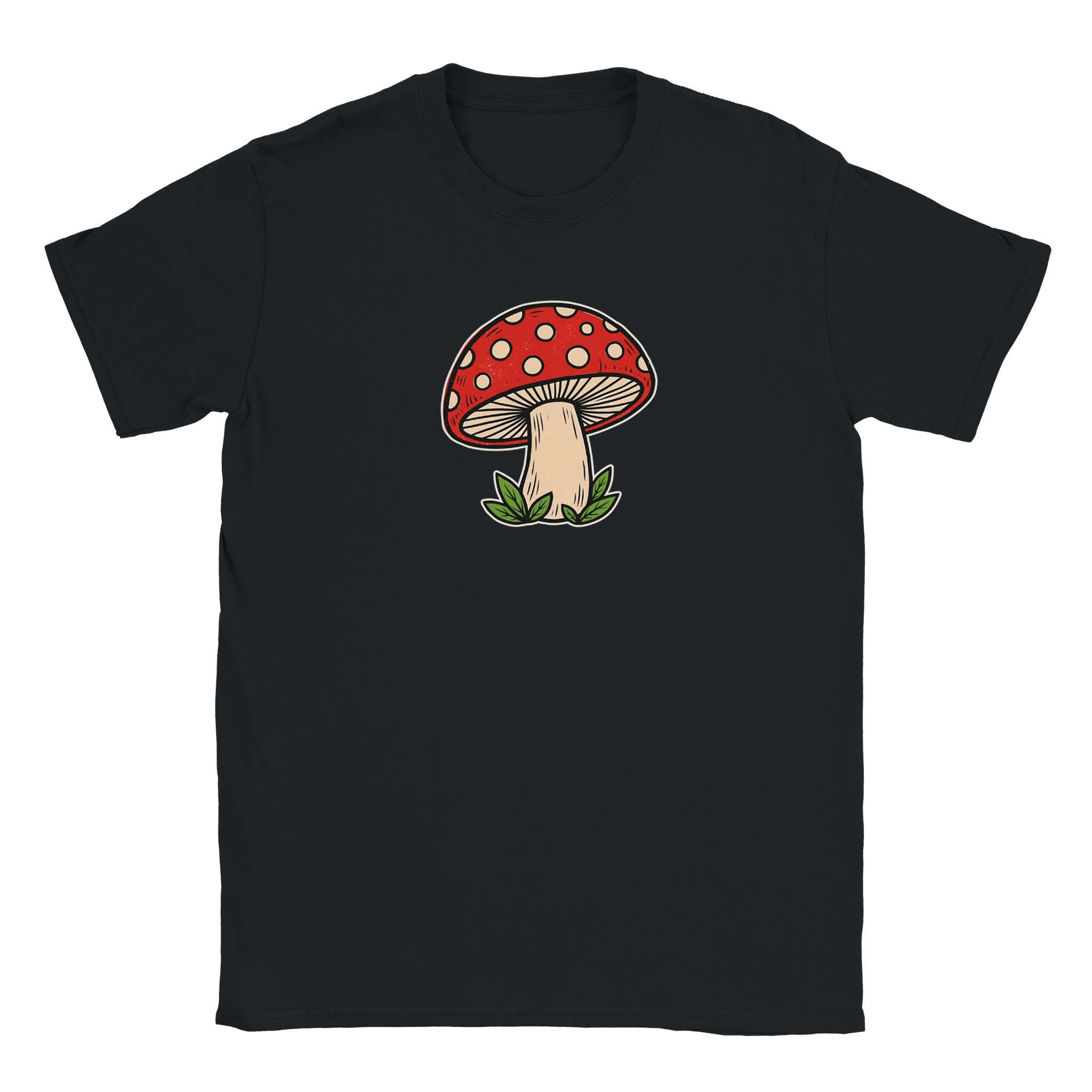 Toadstool t-shirt in black – woodcut red and cream toadstool design