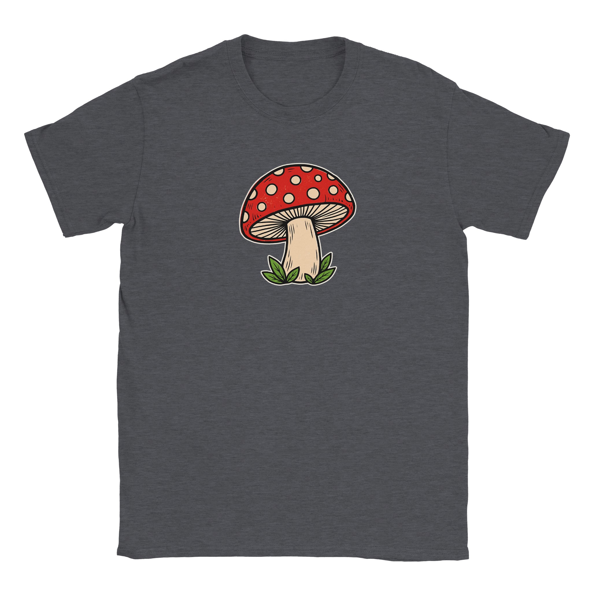 Toadstool t-shirt in dark heather – woodcut red and cream toadstool design