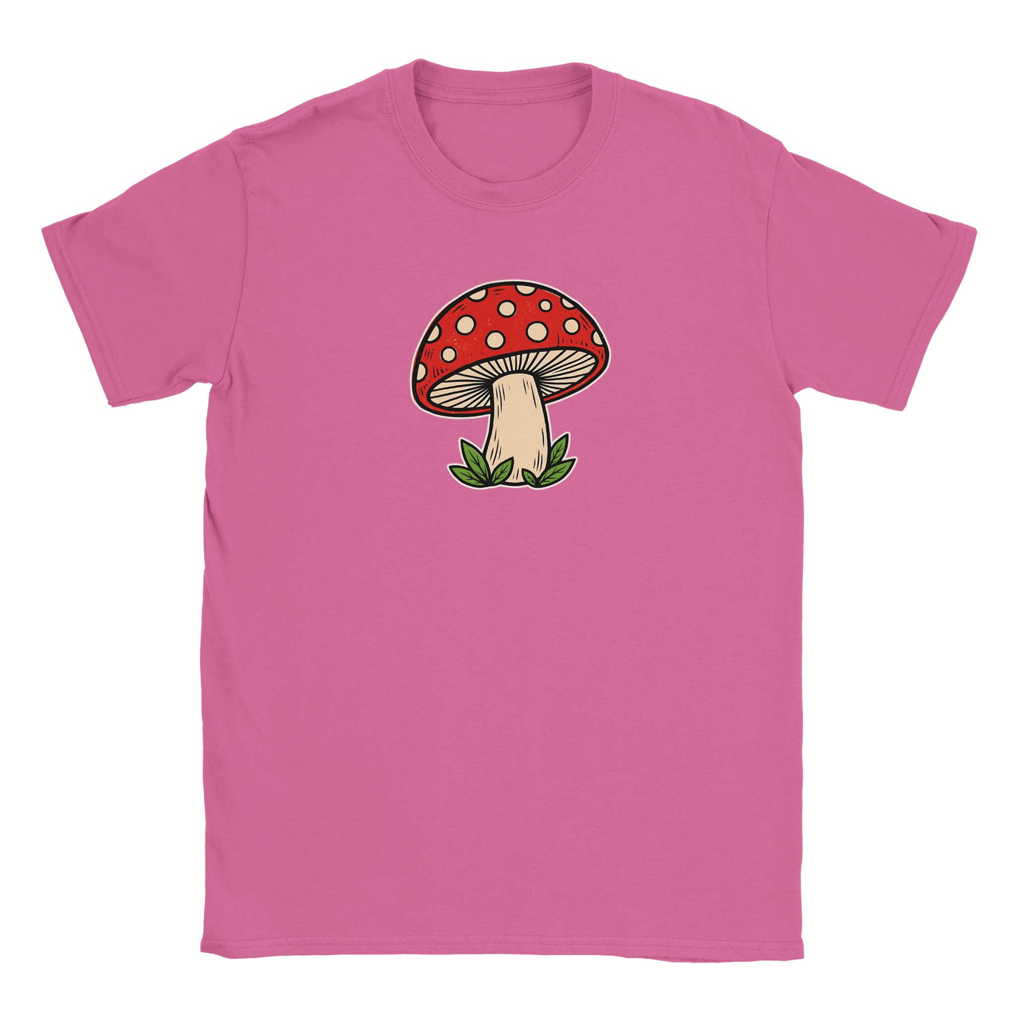 Toadstool t-shirt in azalea – woodcut red and cream toadstool design