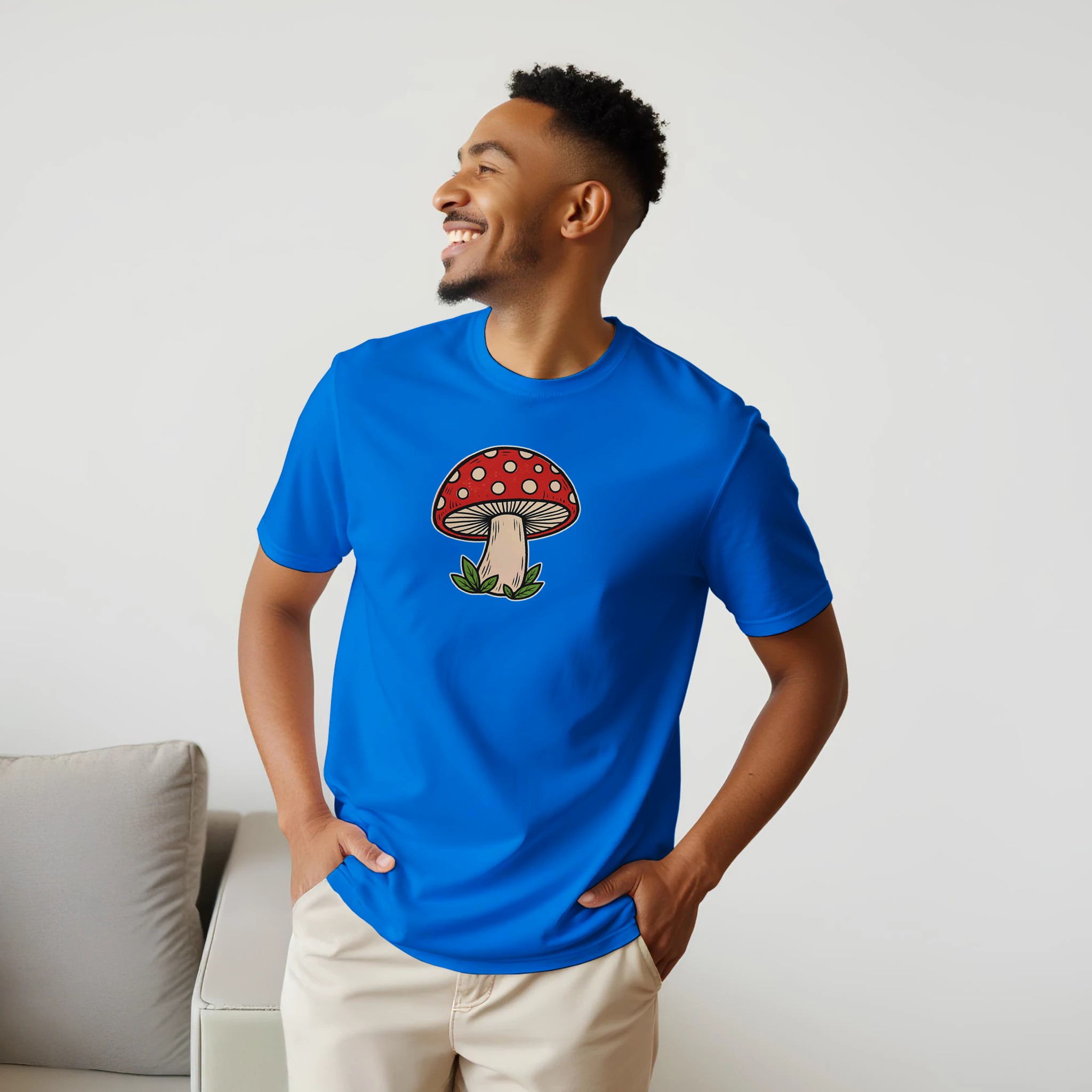 Toadstool t-shirt – woodcut red and cream toadstool design