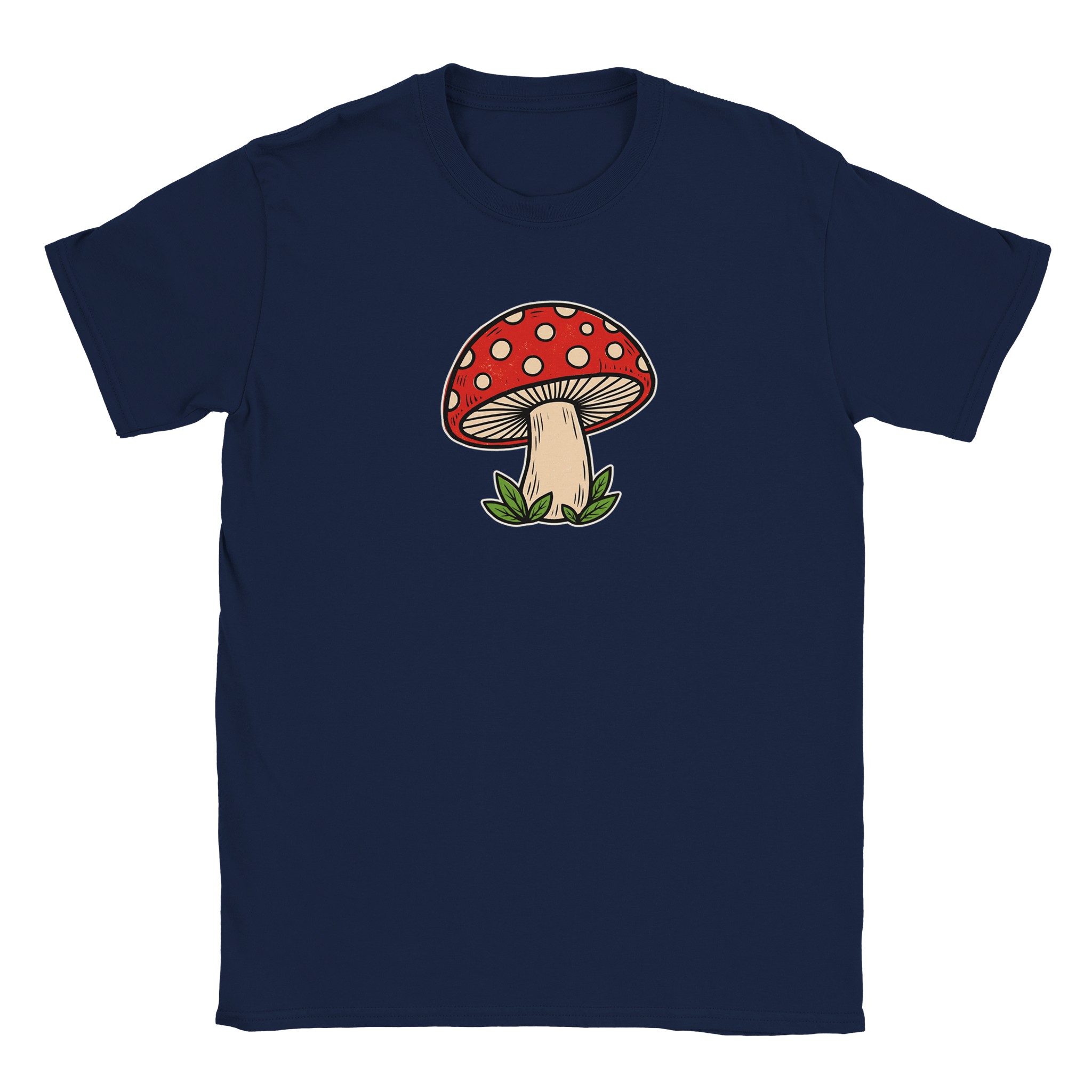 Toadstool t-shirt in navy – woodcut red and cream toadstool design