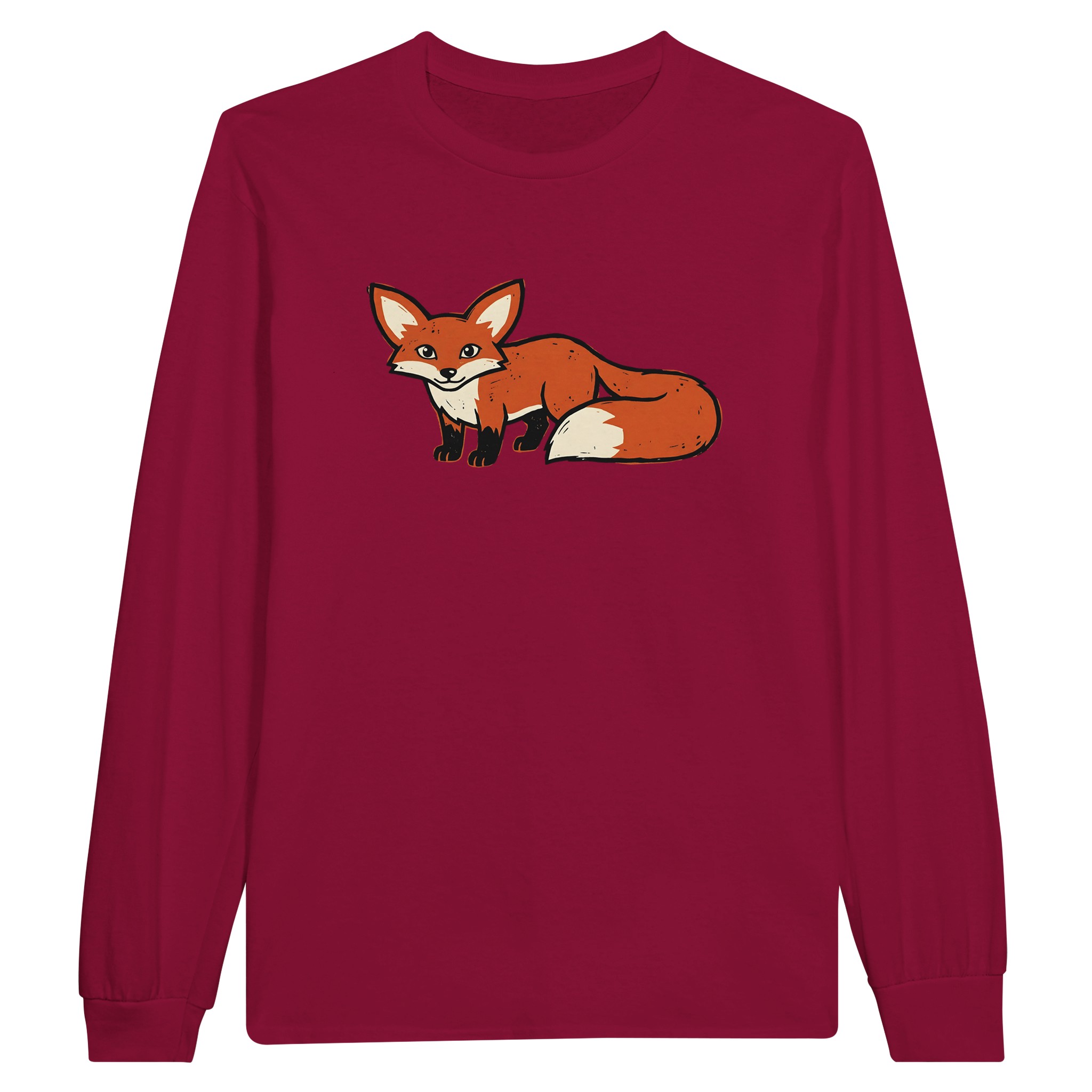 Fox long sleeve t-shirt in Cardinal Red – woodcut fox with big ears and a bushy tail